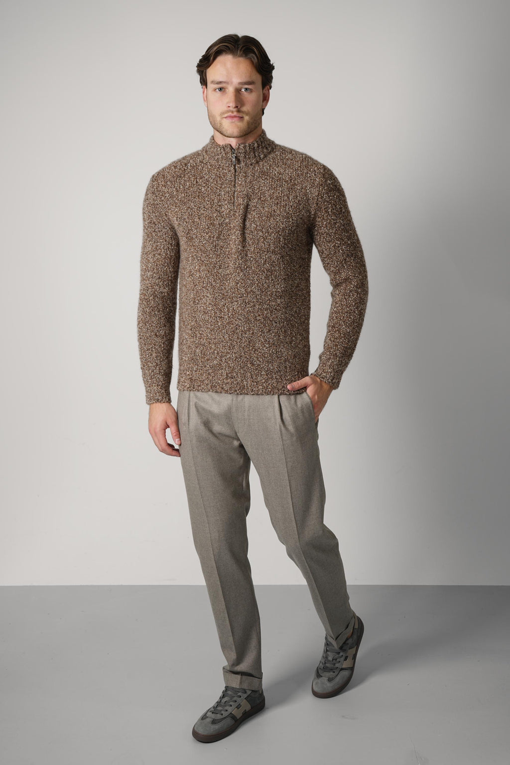 Maurizio Baldassari Boucle Mock Zip – Brown Toffee