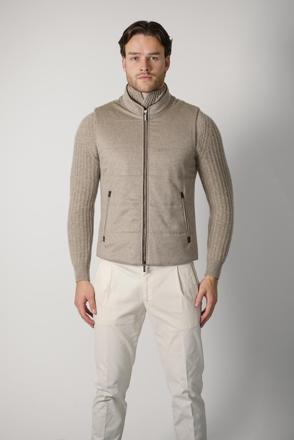 Maurizio Baldassari Arena Cashmere Vest with Knit & Alcantara – Brown Sugar