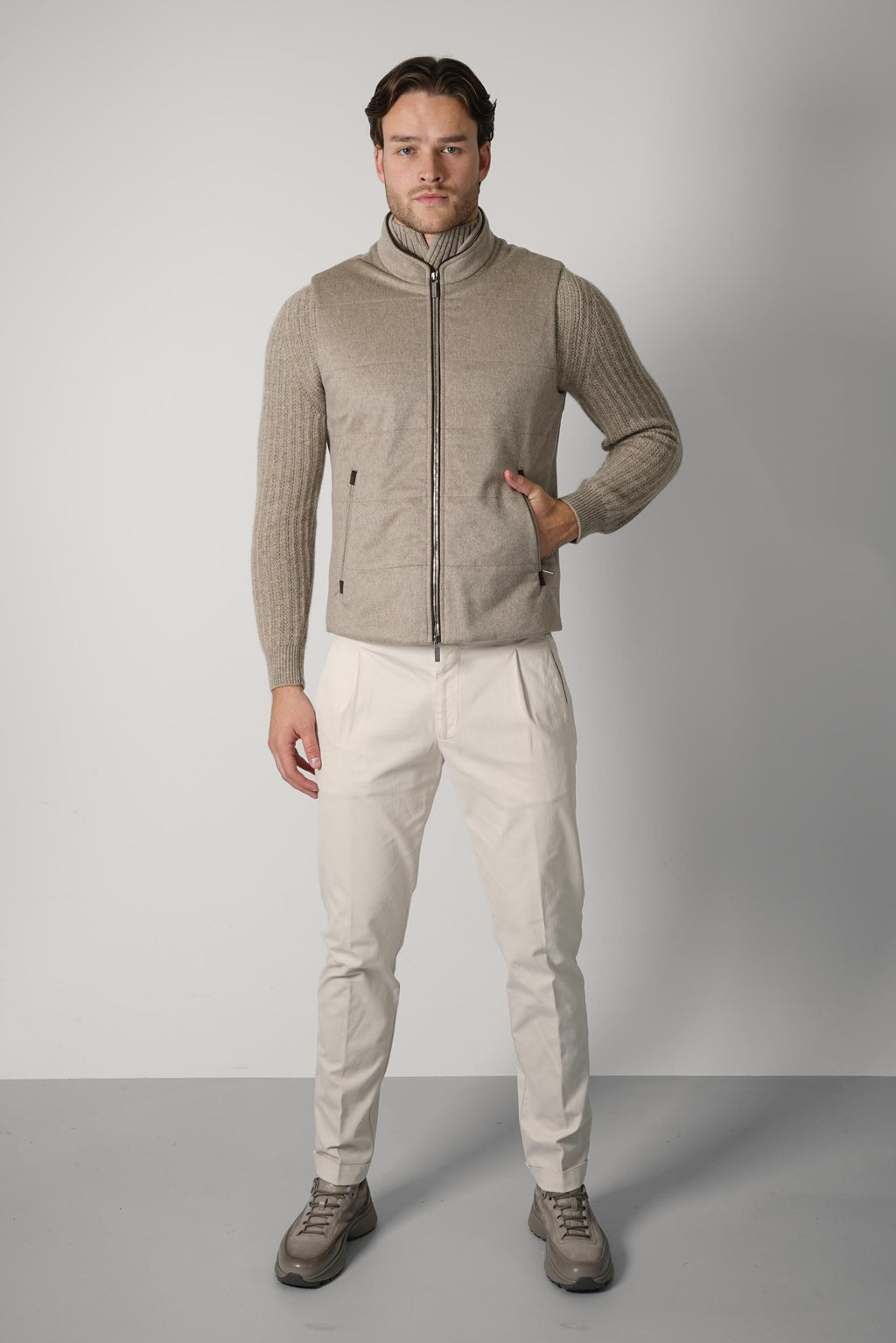 Maurizio Baldassari Arena Cashmere Vest with Knit & Alcantara – Brown Sugar