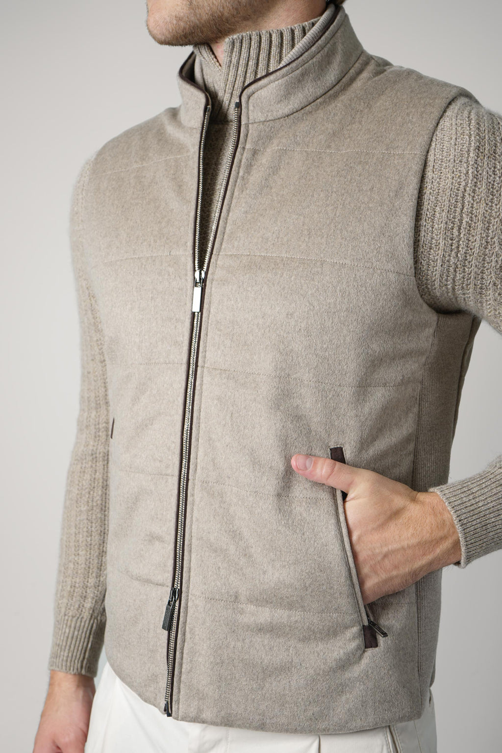 Maurizio Baldassari Arena Cashmere Vest with Knit & Alcantara – Brown Sugar