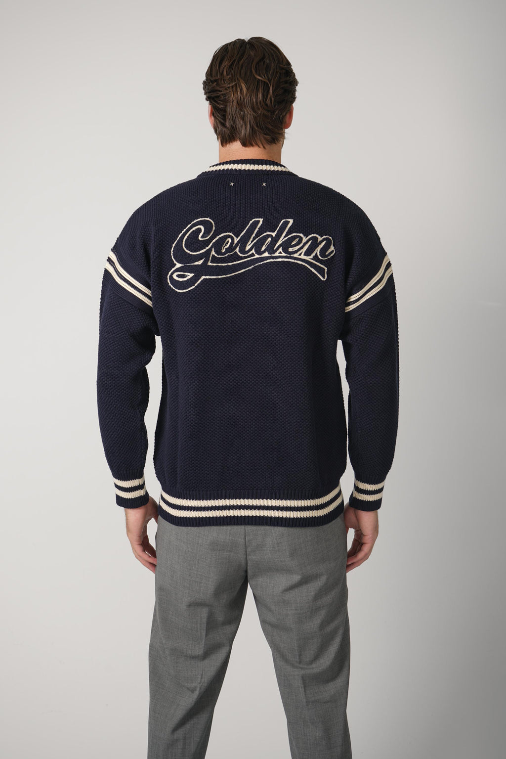 Golden Goose Journey Knit Crewneck Reynard Cotton Waffle Stitch Knit Golden Embroidery – Xxs Dark Blue