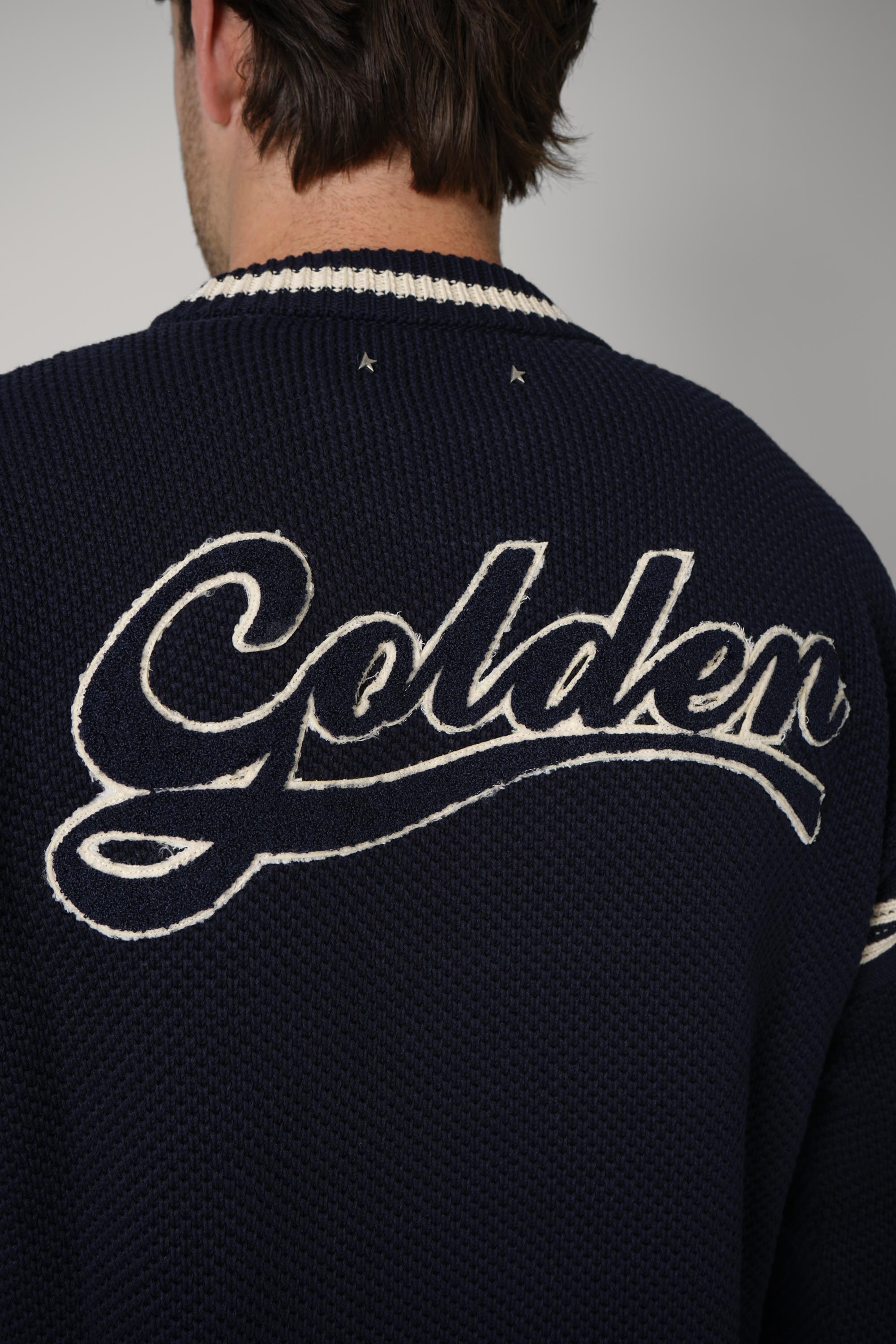 Golden Goose Journey Knit Crewneck Reynard Cotton Waffle Stitch Knit Golden Embroidery – Xxs Dark Blue