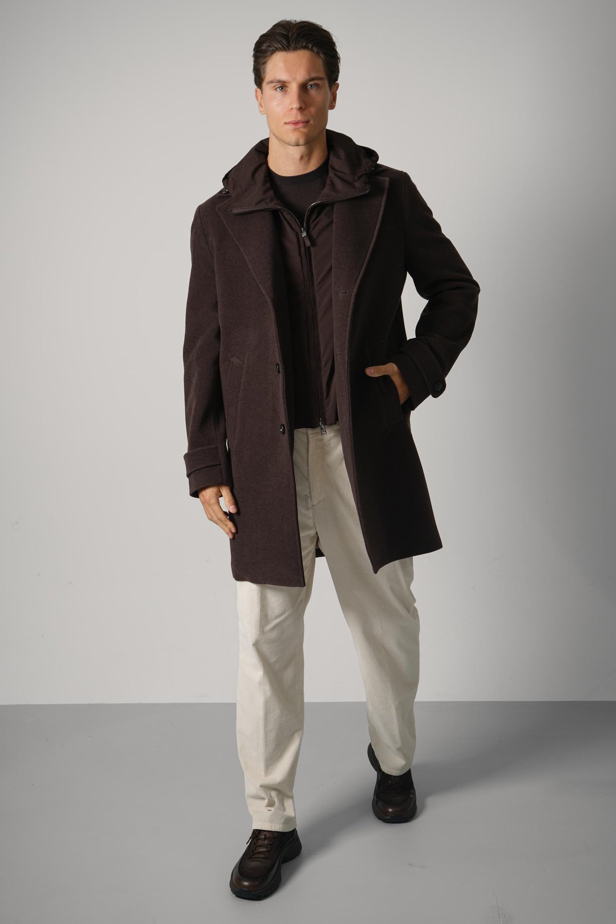 Paul & Shark 150's Wool Coat with Suede Inserts – 306 Brown