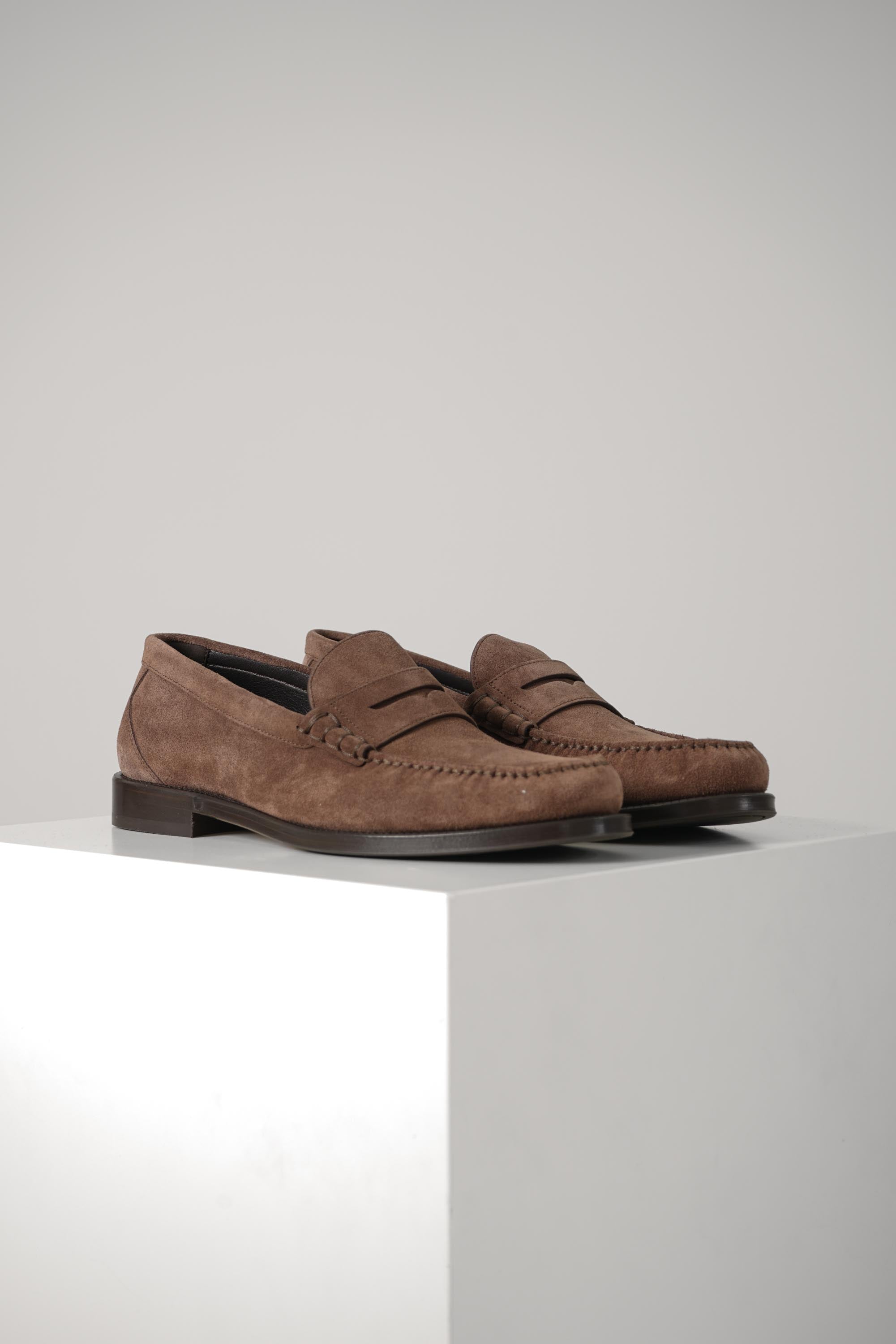 Brunello Cucinelli Suede and Calfskin Penny Loafers Mud