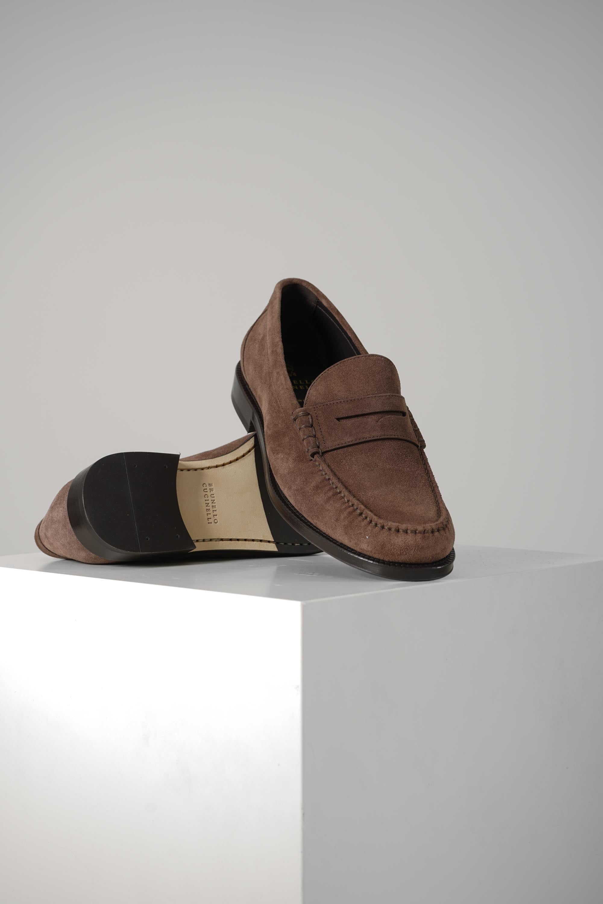 Brunello Cucinelli Suede and Calfskin Penny Loafers Mud