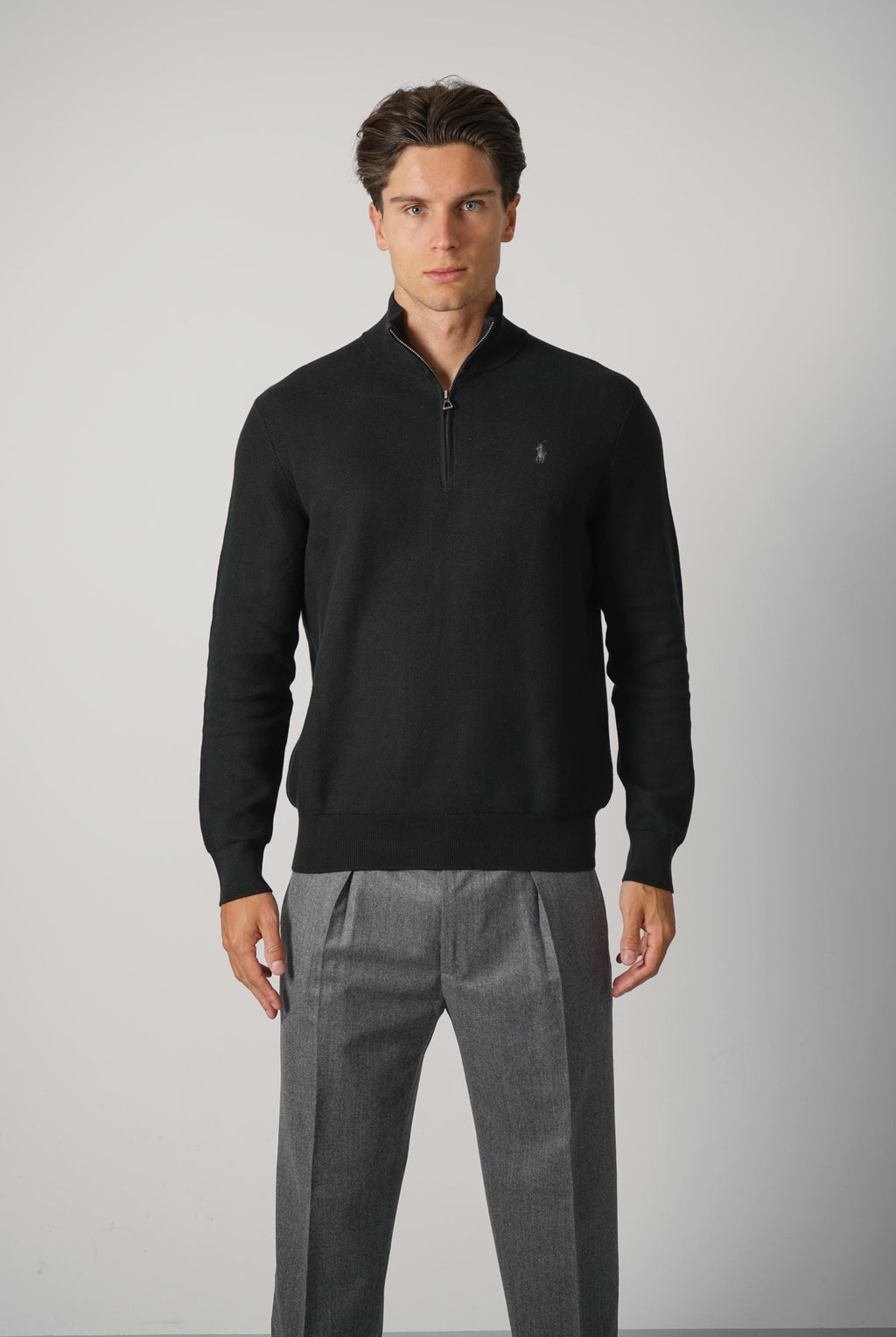 Ralph Lauren Mesh-Knit Cotton Quarter-Zip Sweater – Polo Black