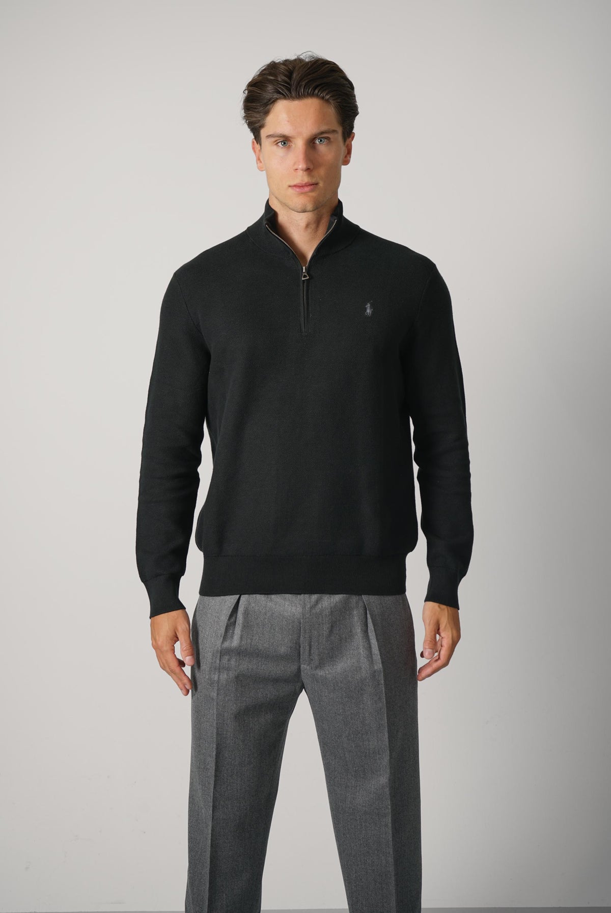 Ralph Lauren Mesh-Knit Cotton Quarter-Zip Sweater – Polo Black