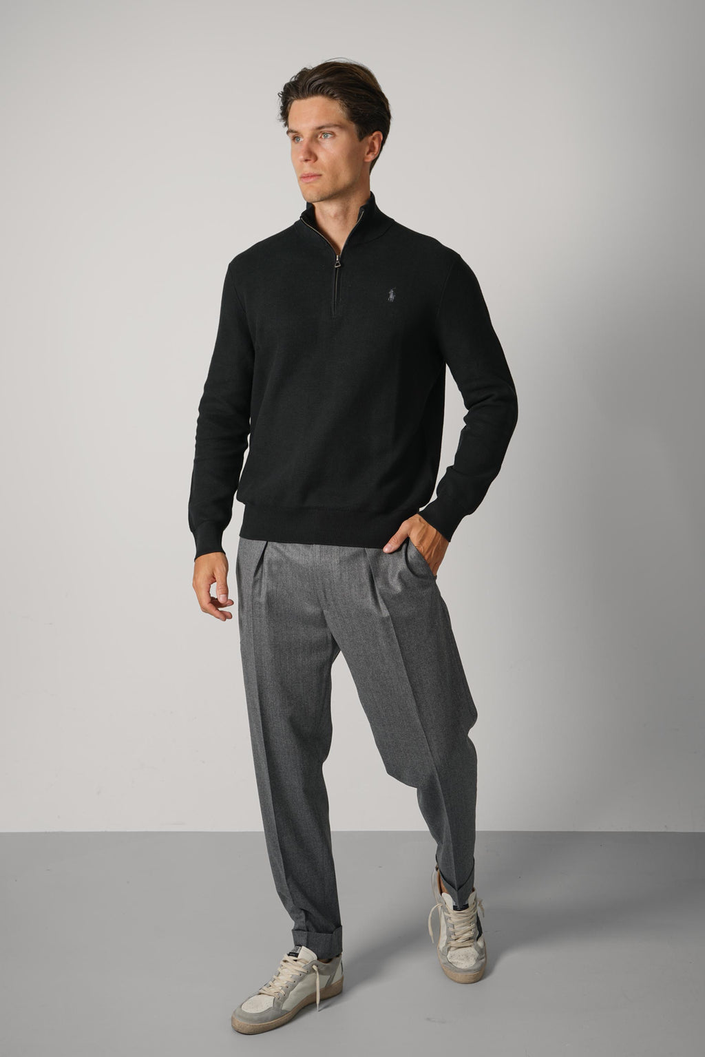 Ralph Lauren Mesh-Knit Cotton Quarter-Zip Sweater – Polo Black