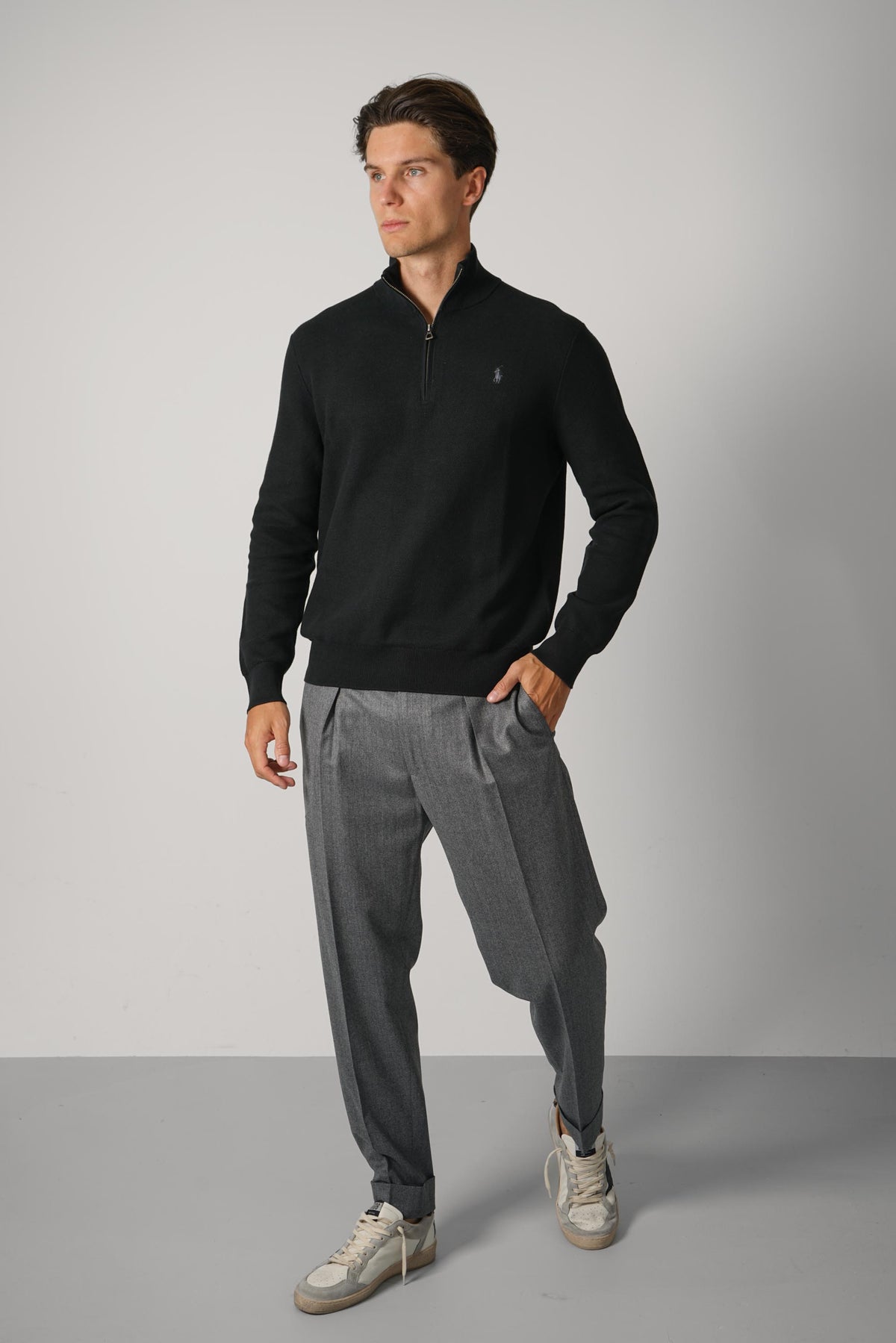 Ralph Lauren Mesh-Knit Cotton Quarter-Zip Sweater – Polo Black