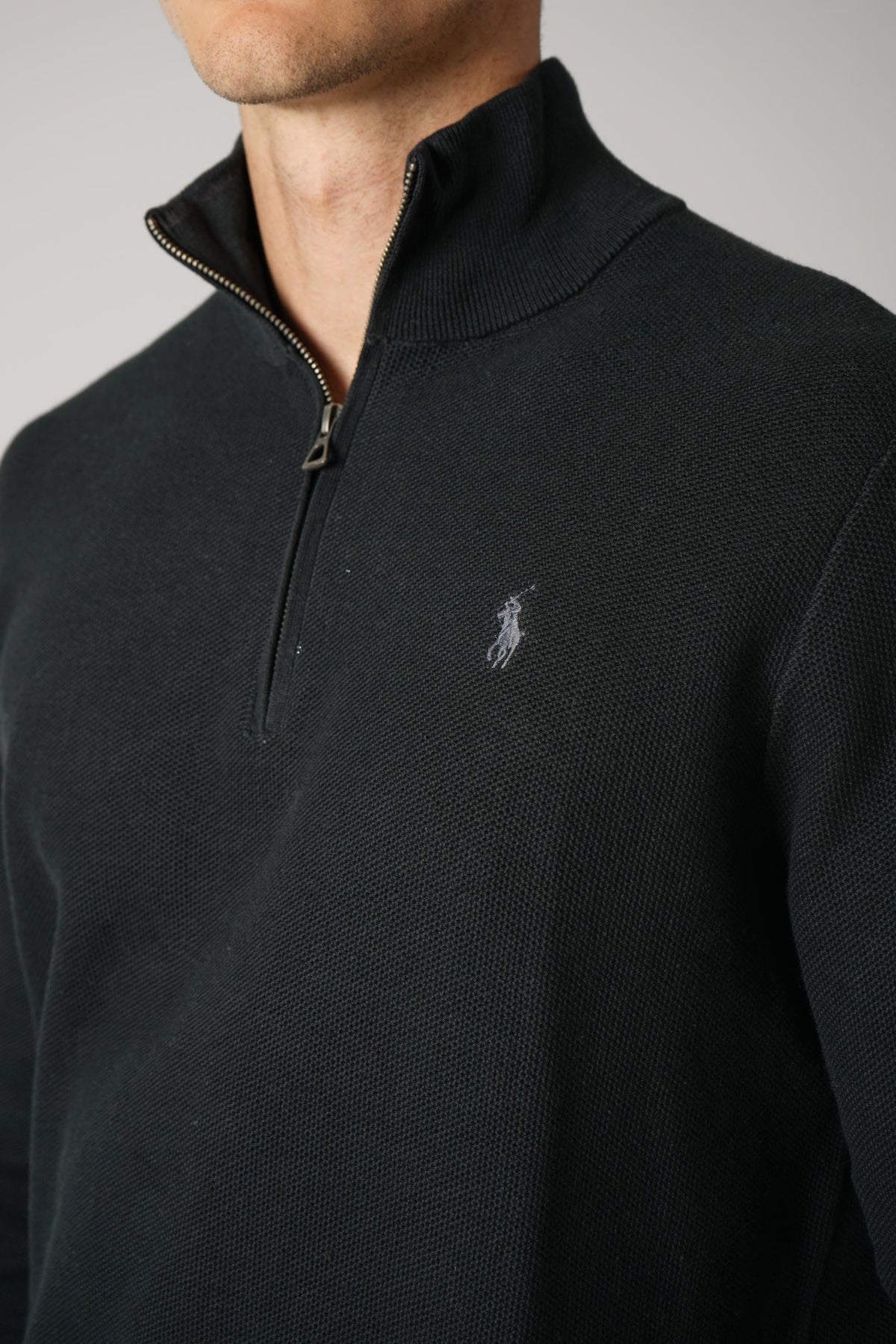 Ralph Lauren Mesh-Knit Cotton Quarter-Zip Sweater – Polo Black