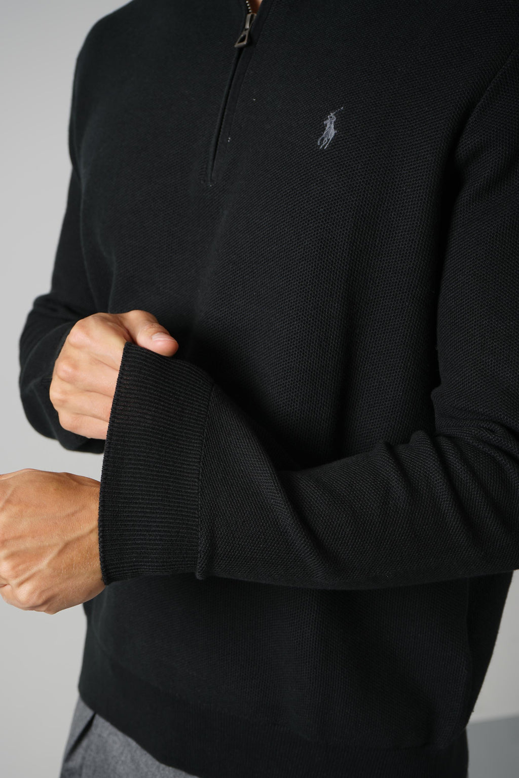 Ralph Lauren Mesh-Knit Cotton Quarter-Zip Sweater – Polo Black