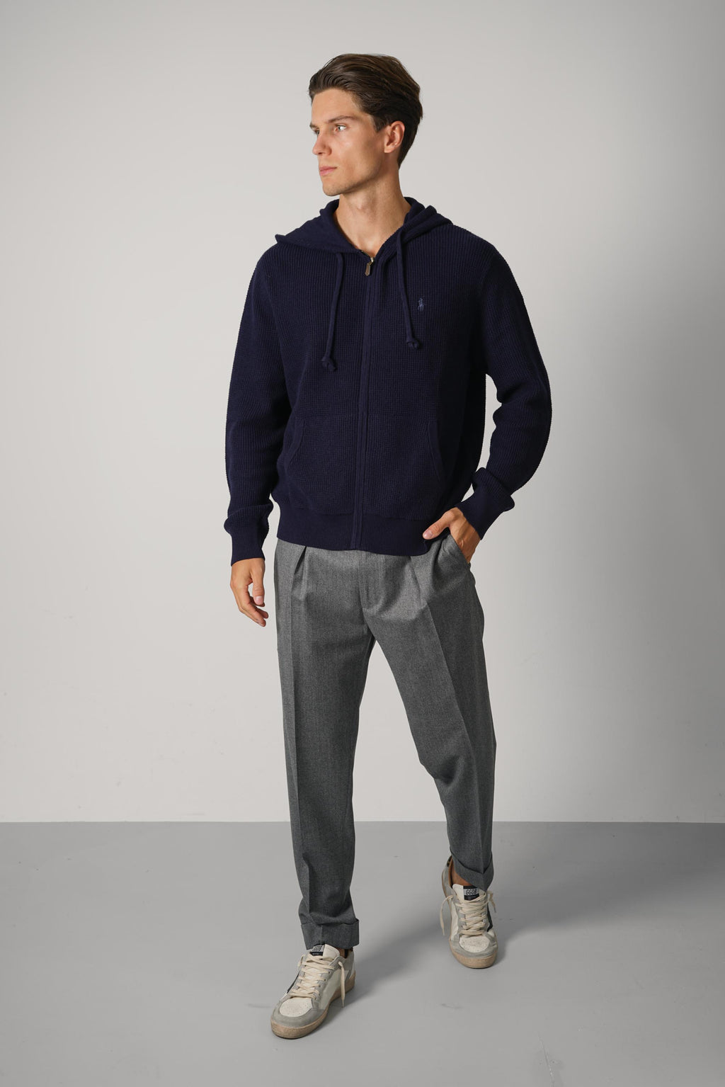 Ralph Lauren Waffle-Knit Wool-Cotton Hooded Sweater – Hunter Navy