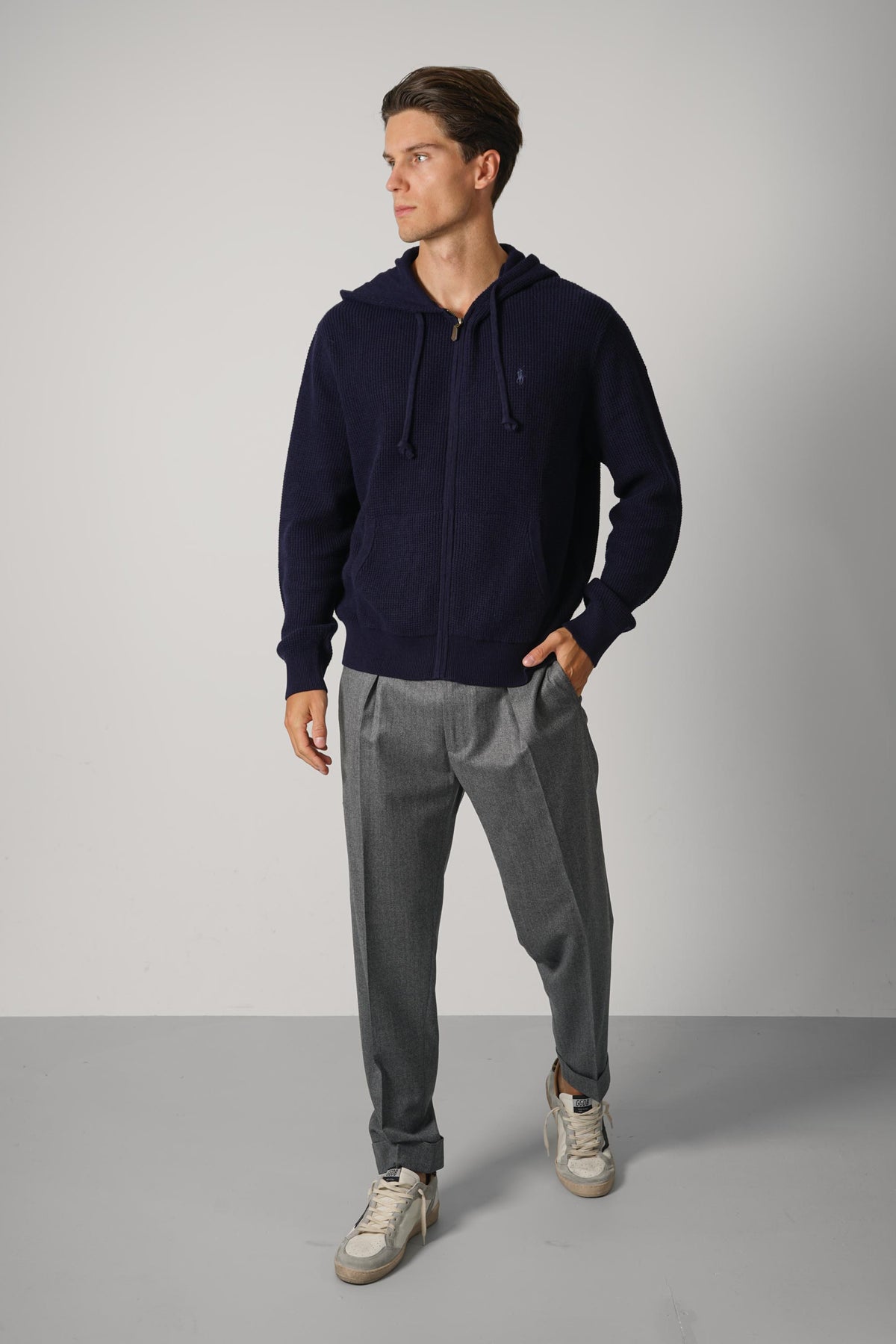 Ralph Lauren Waffle-Knit Wool-Cotton Hooded Sweater – Hunter Navy