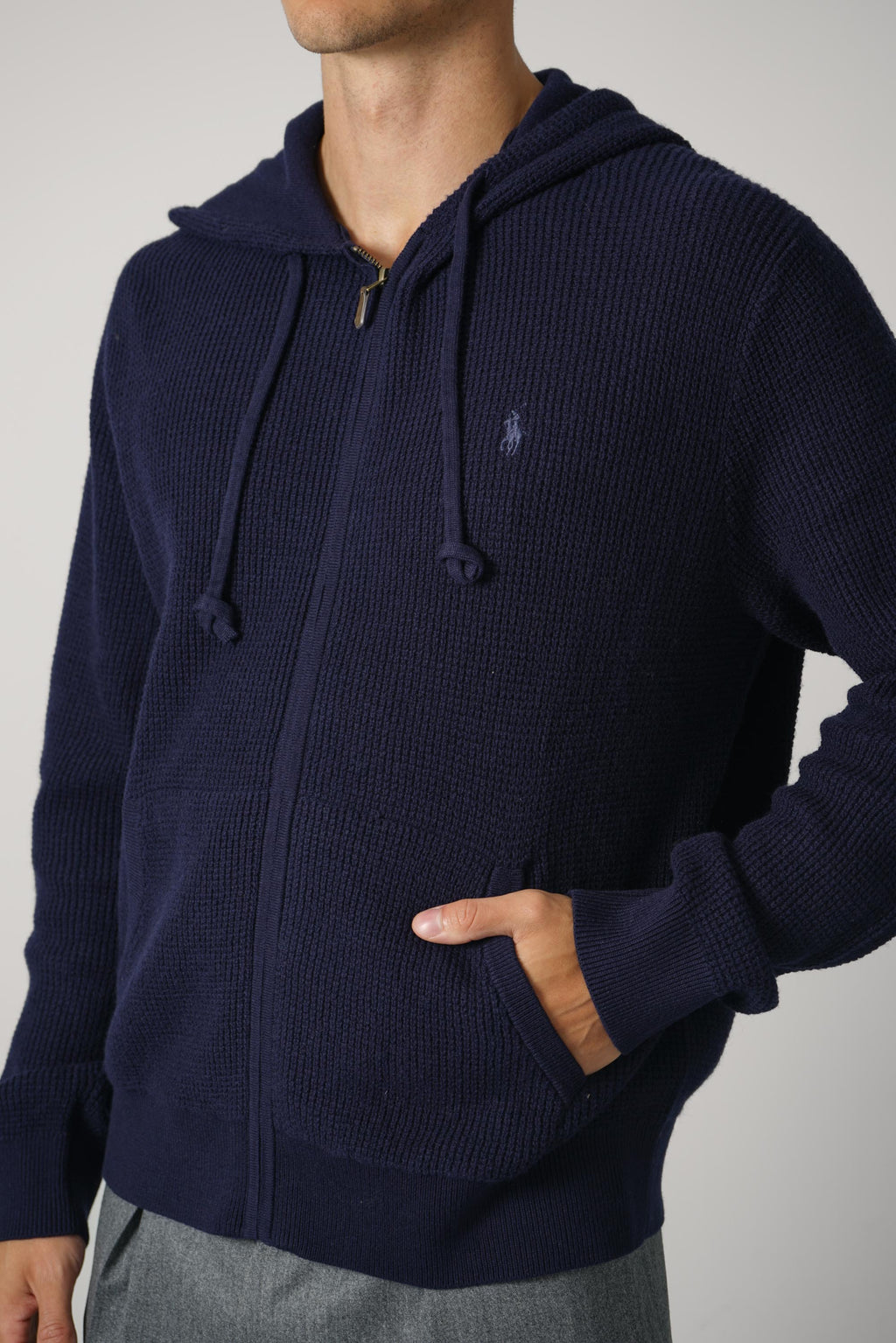 Ralph Lauren Waffle-Knit Wool-Cotton Hooded Sweater – Hunter Navy