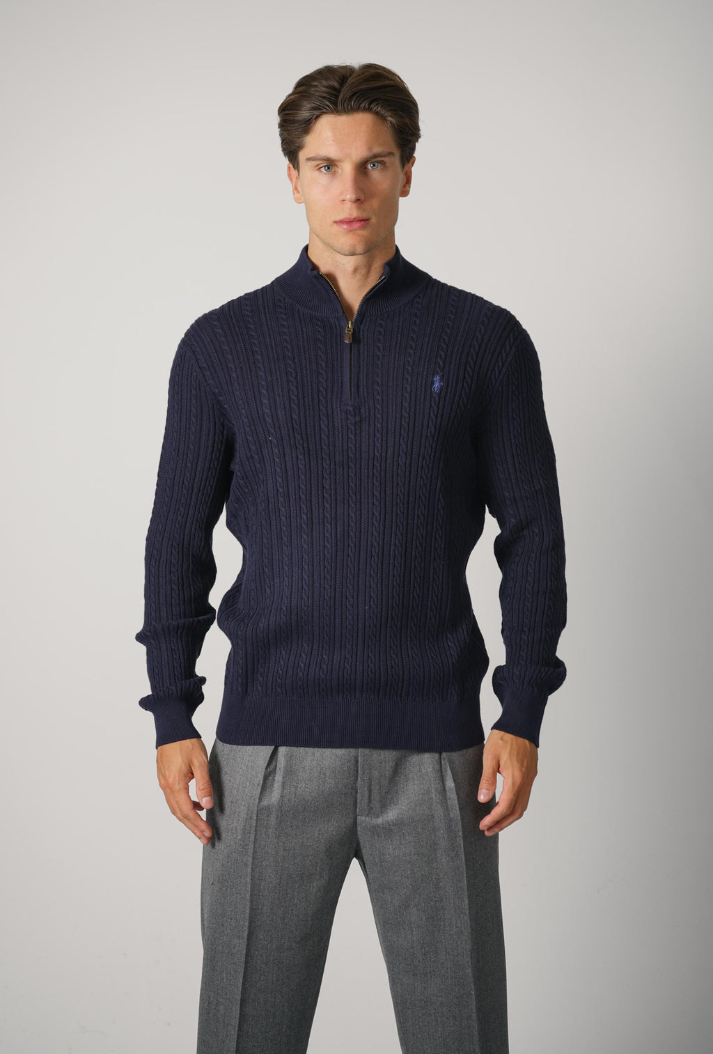 Ralph Lauren Cable-Knit Cotton Mockneck Sweater – Hunter Navy