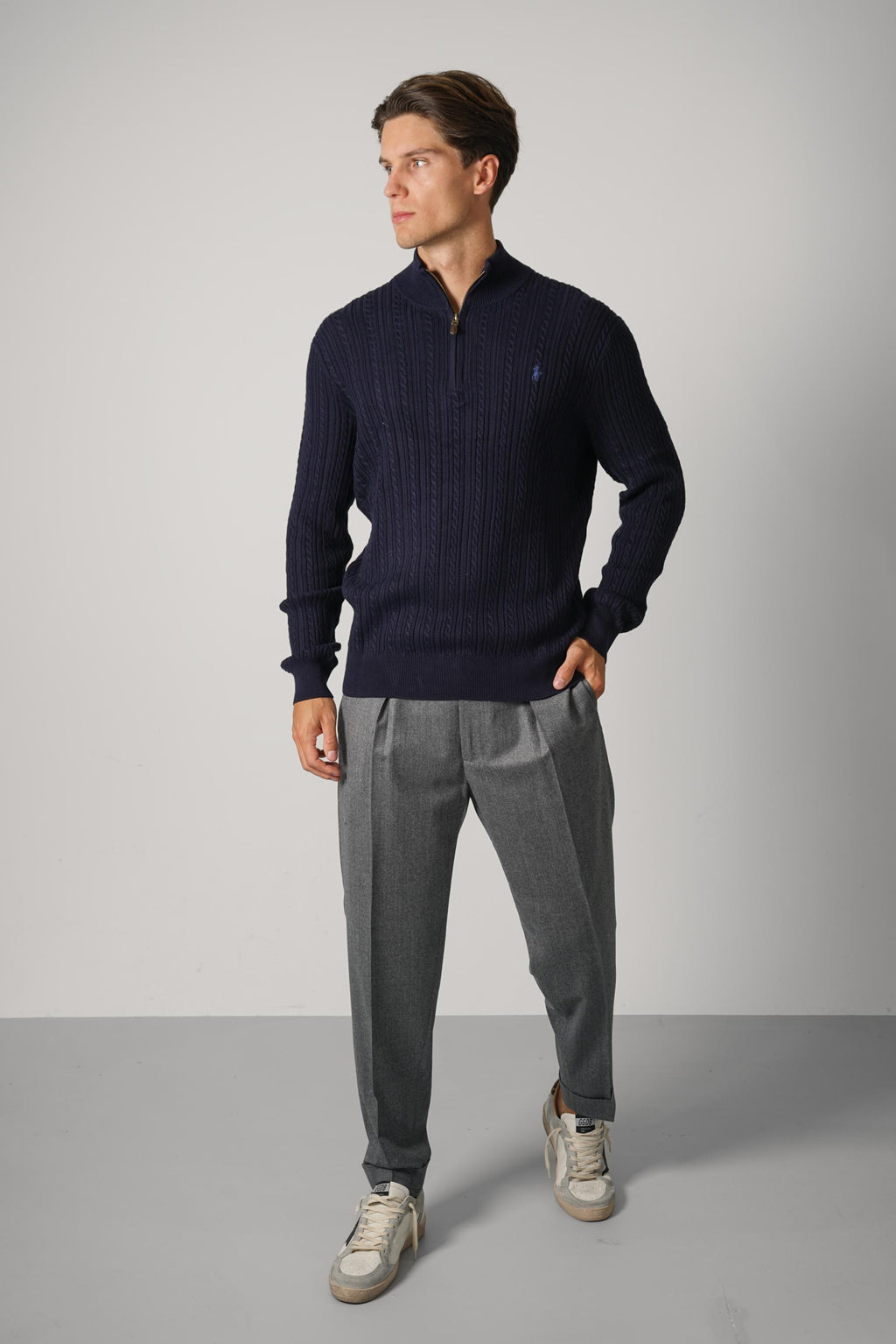 Ralph Lauren Cable-Knit Cotton Mockneck Sweater – Hunter Navy