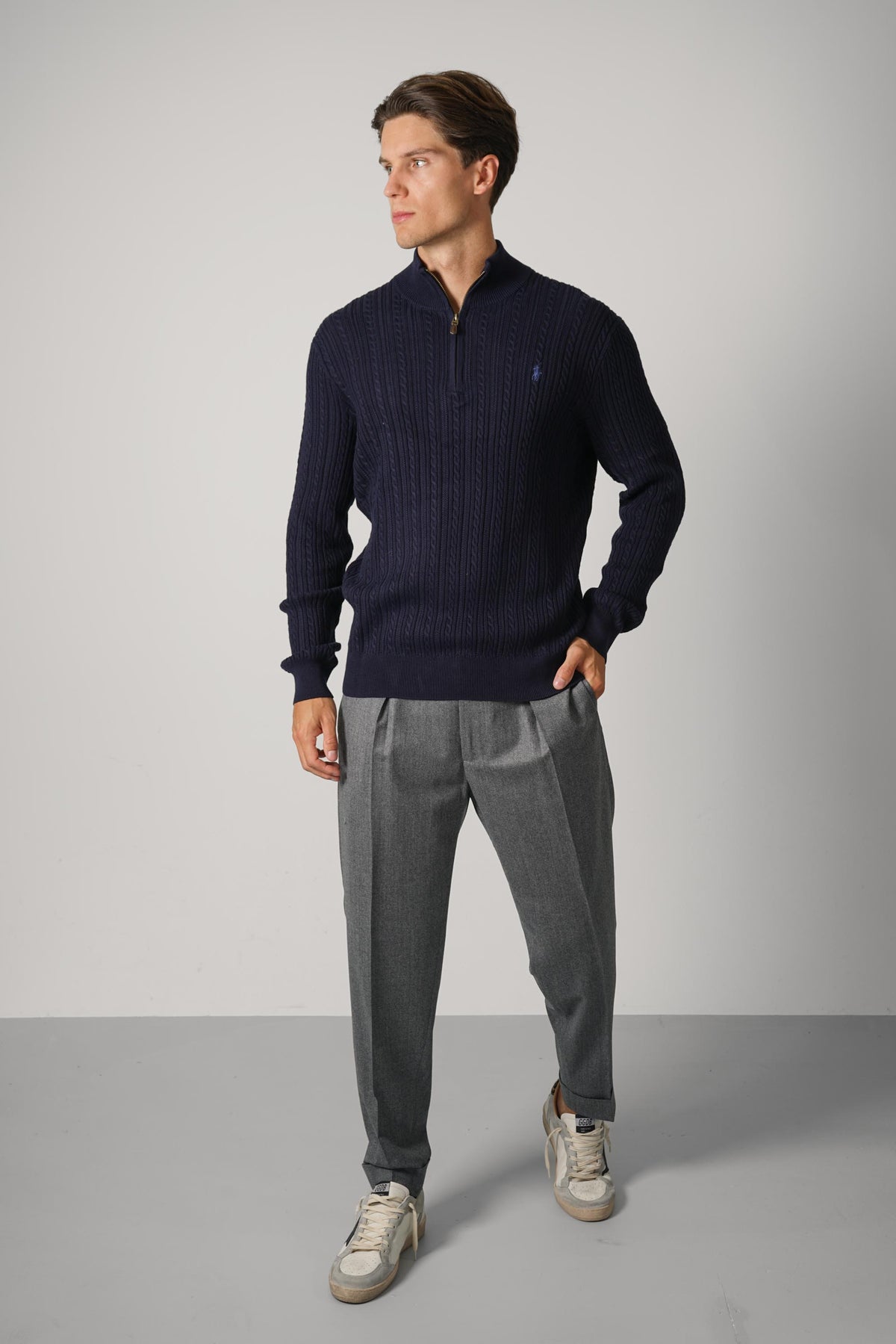 Ralph Lauren Cable-Knit Cotton Mockneck Sweater – Hunter Navy