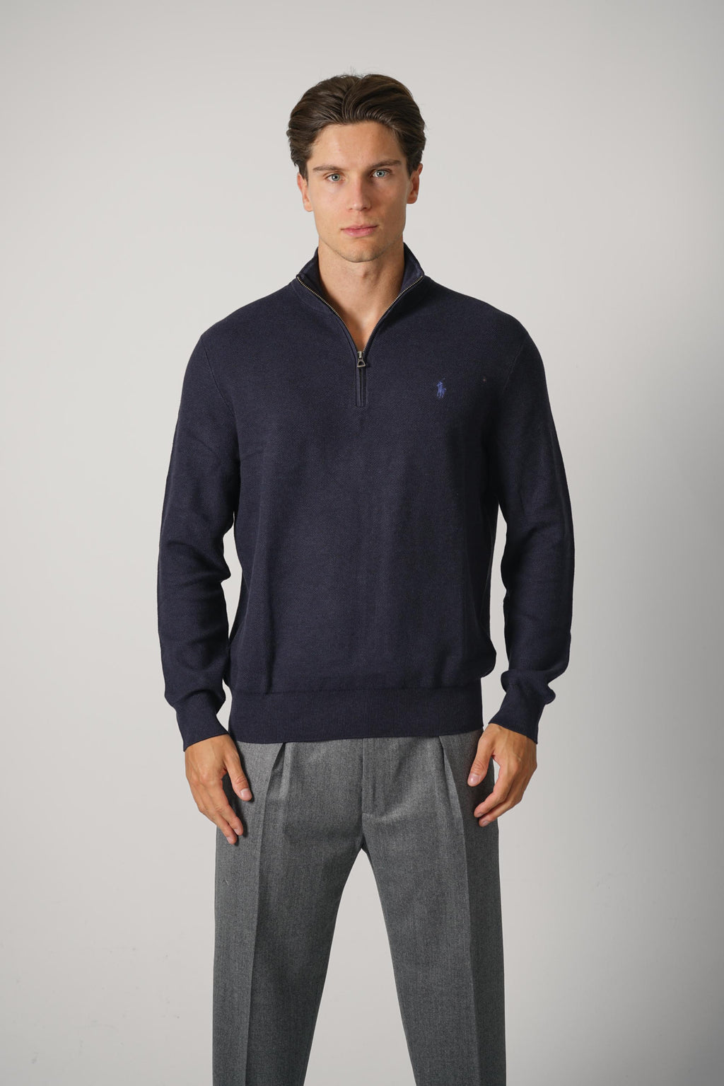 Ralph Lauren Mesh-Knit Cotton Quarter-Zip Sweater – Navy Heather