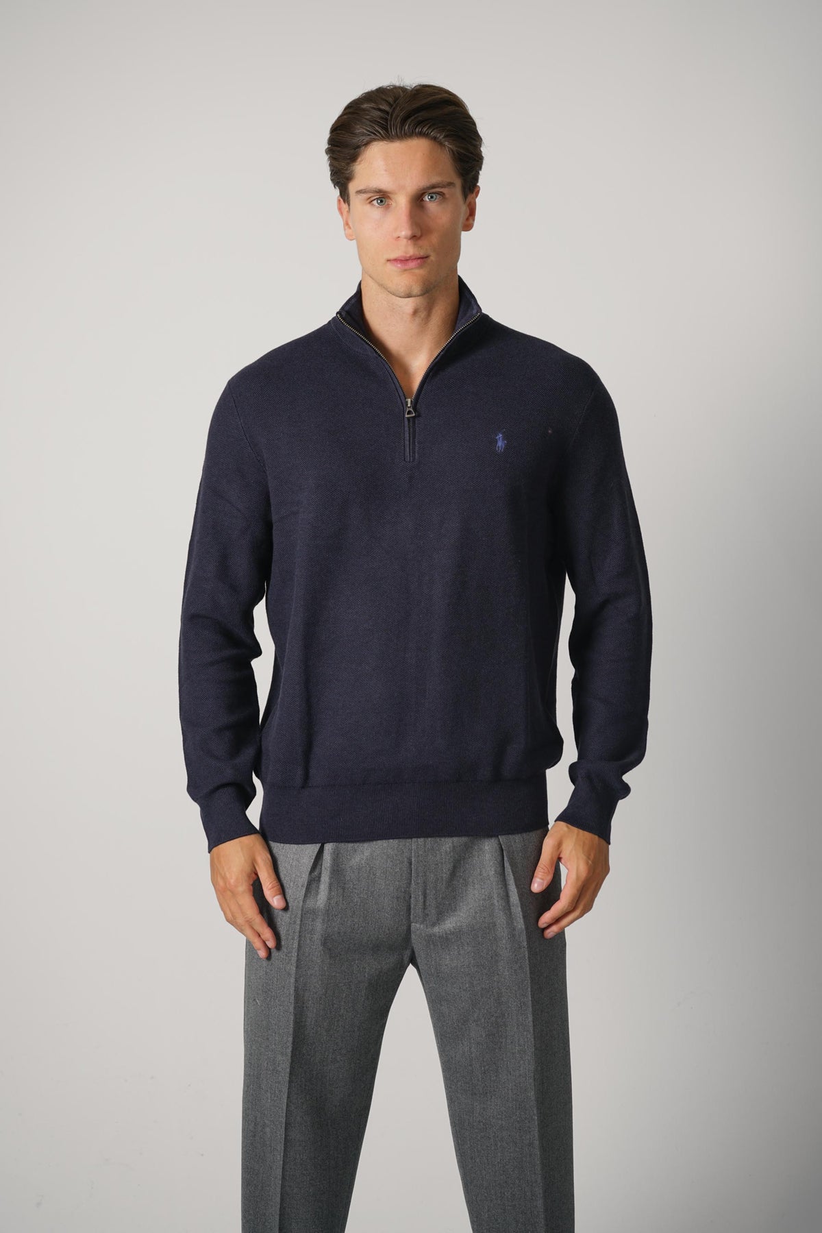 Ralph Lauren Mesh-Knit Cotton Quarter-Zip Sweater – Navy Heather