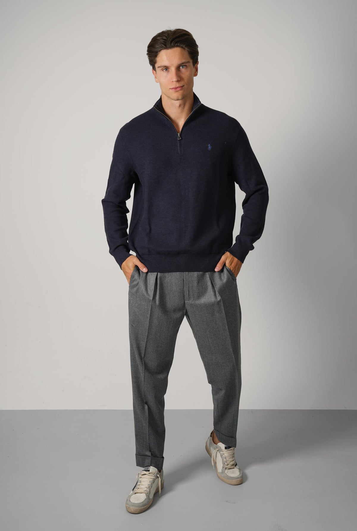 Ralph Lauren Mesh-Knit Cotton Quarter-Zip Sweater – Navy Heather