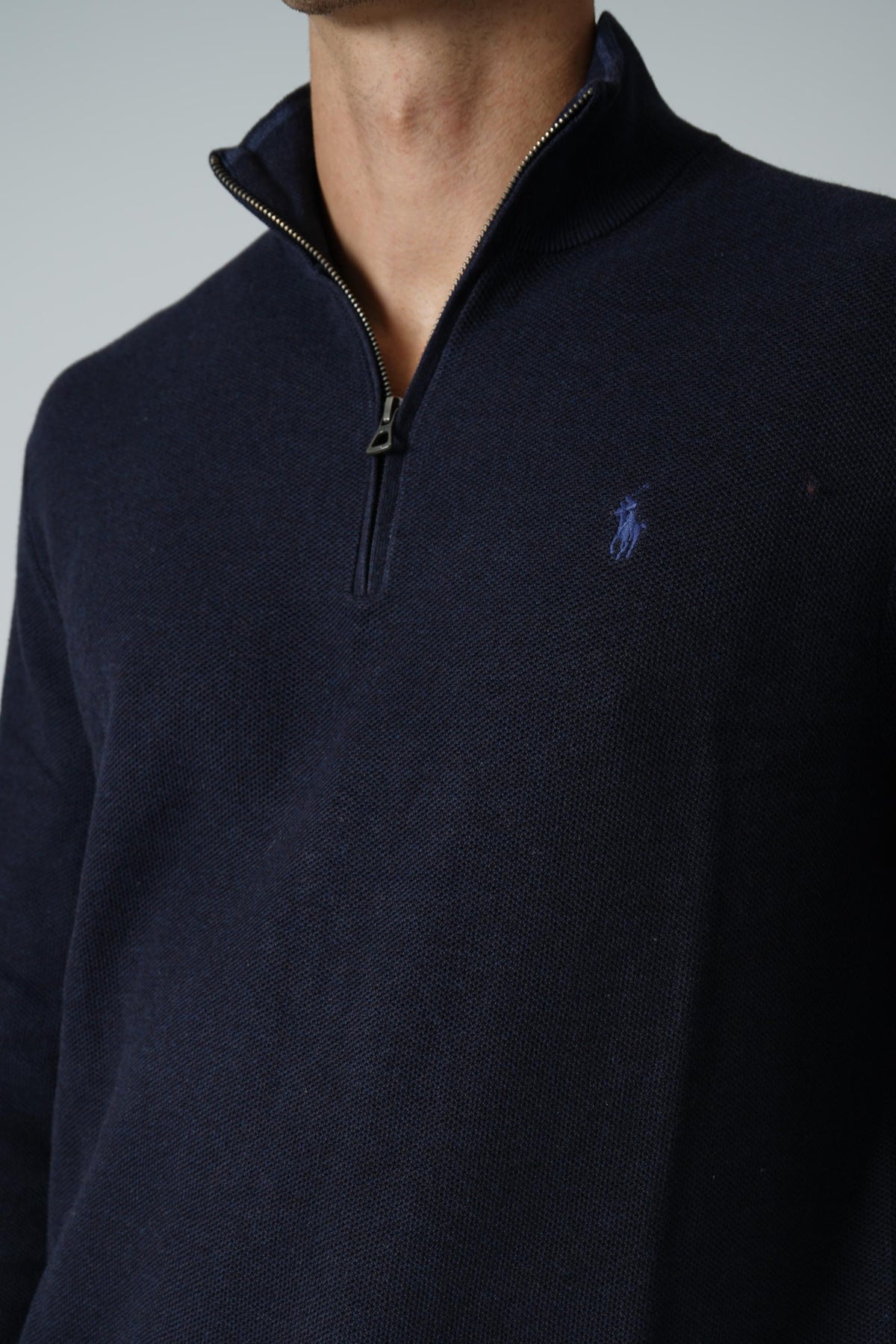 Ralph Lauren Mesh-Knit Cotton Quarter-Zip Sweater – Navy Heather