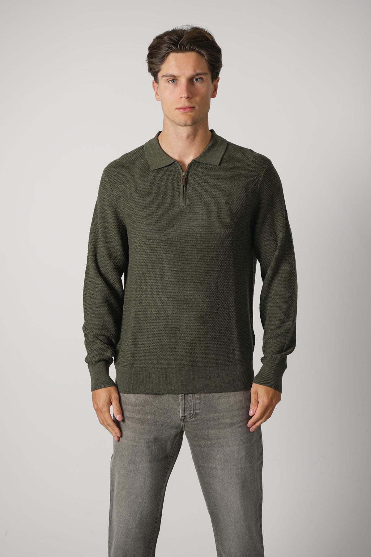 Ralph Lauren Washable Wool Polo-Collar Sweater – Cargo Olive Heather