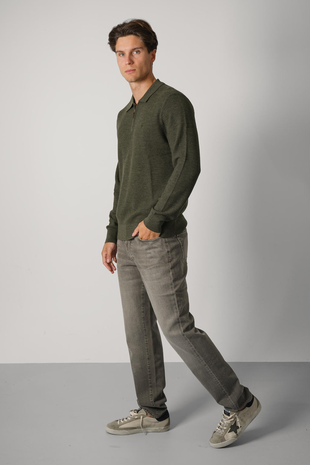 Ralph Lauren Washable Wool Polo-Collar Sweater – Cargo Olive Heather