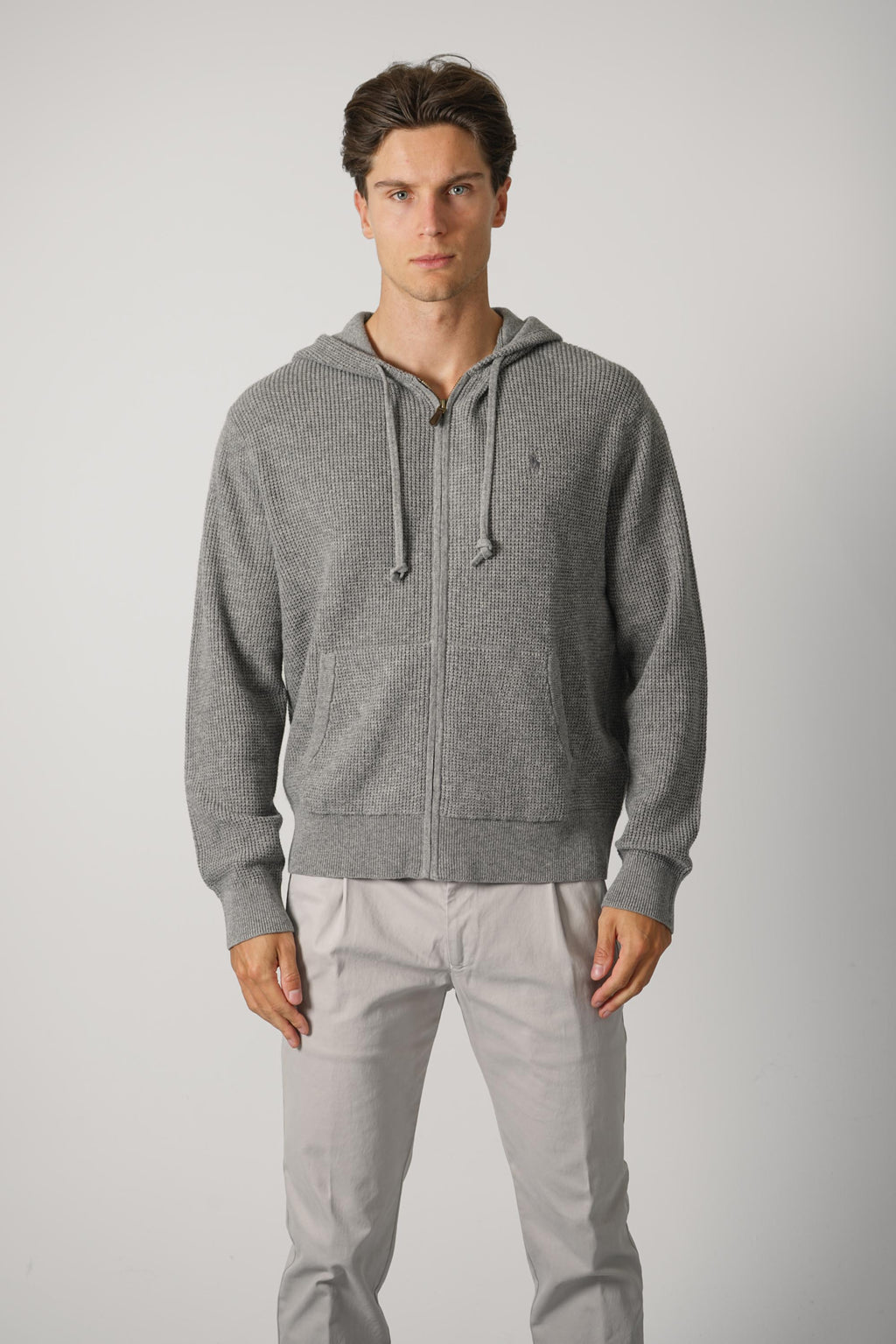 Ralph Lauren Waffle-Knit Wool-Cotton Hooded Sweater – Fawn Grey Heather