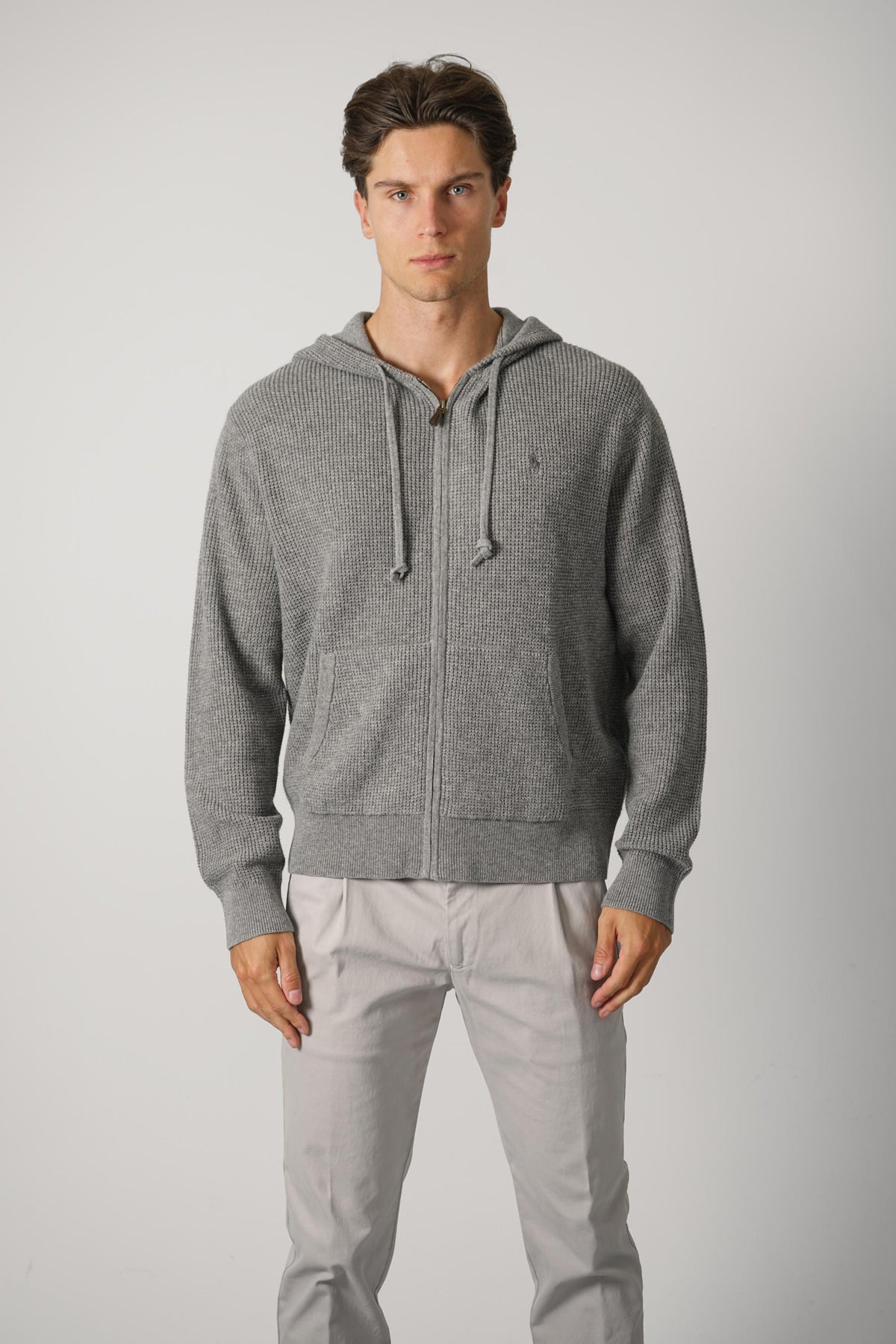 Ralph Lauren Waffle-Knit Wool-Cotton Hooded Sweater – Fawn Grey Heather