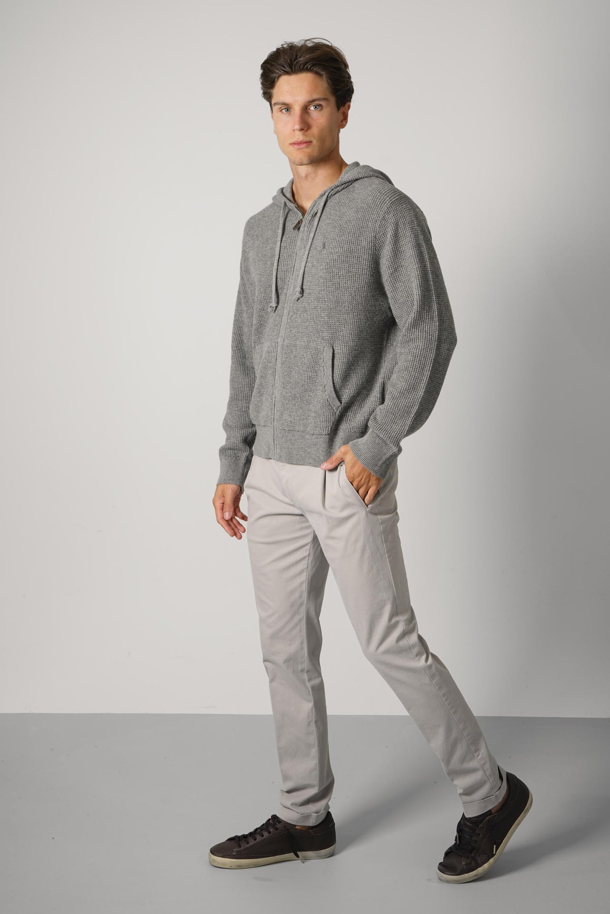 Ralph Lauren Waffle-Knit Wool-Cotton Hooded Sweater – Fawn Grey Heather