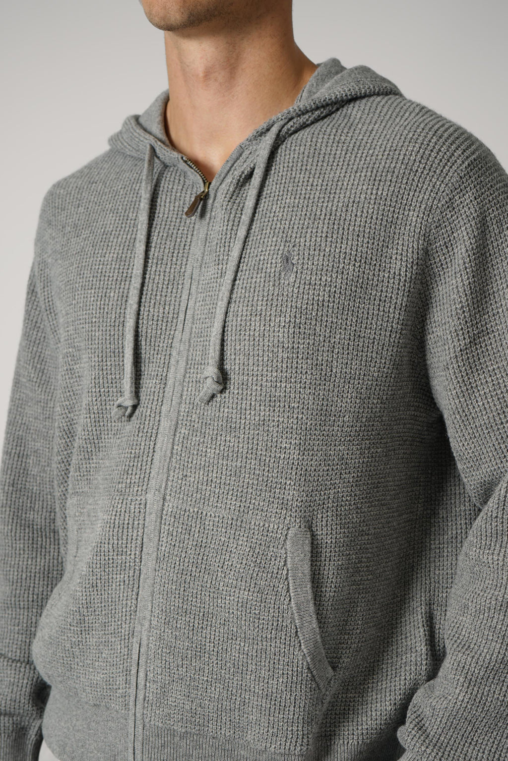 Ralph Lauren Waffle-Knit Wool-Cotton Hooded Sweater – Fawn Grey Heather