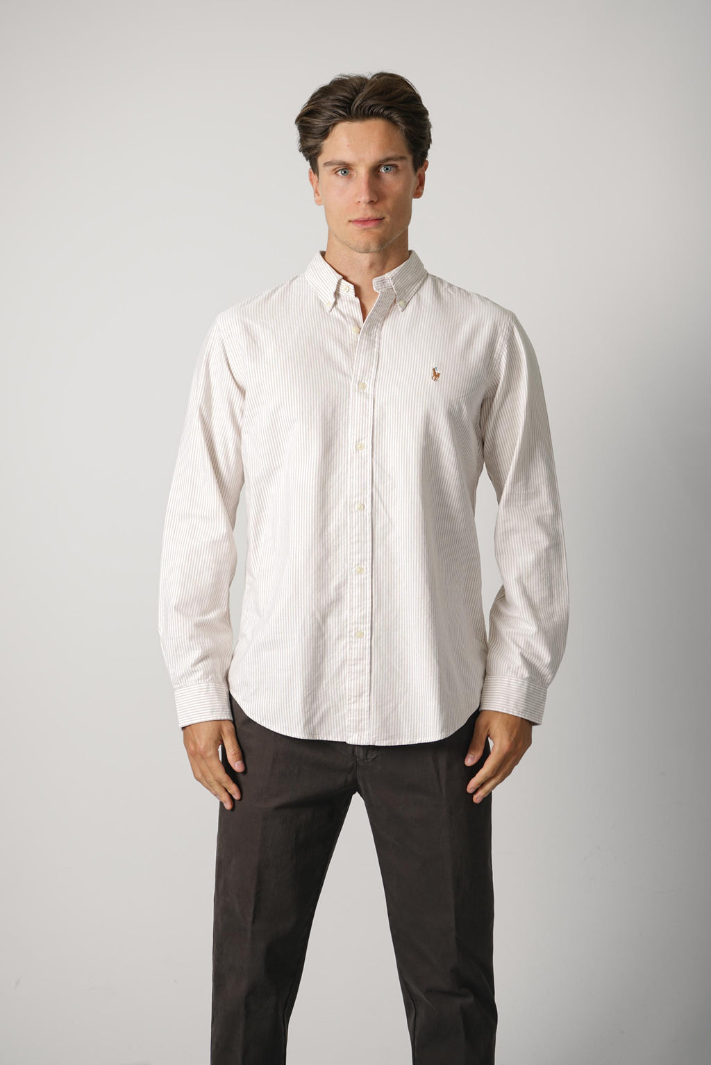 Ralph Lauren Custom Fit Striped Oxford Shirt – Classic Camel White
