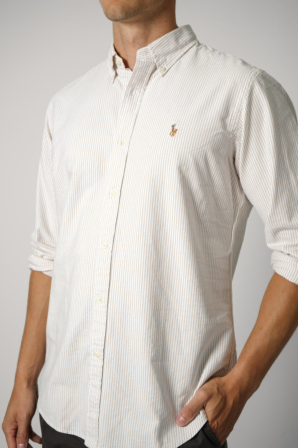 Ralph Lauren Custom Fit Striped Oxford Shirt – Classic Camel White