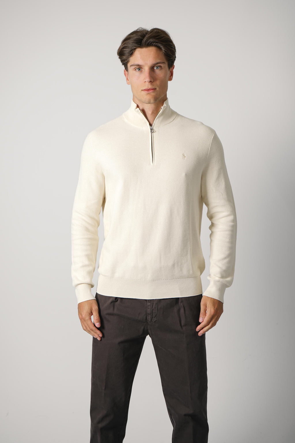 Ralph Lauren Mesh-Knit Cotton Quarter-Zip Sweater – Andover Cream