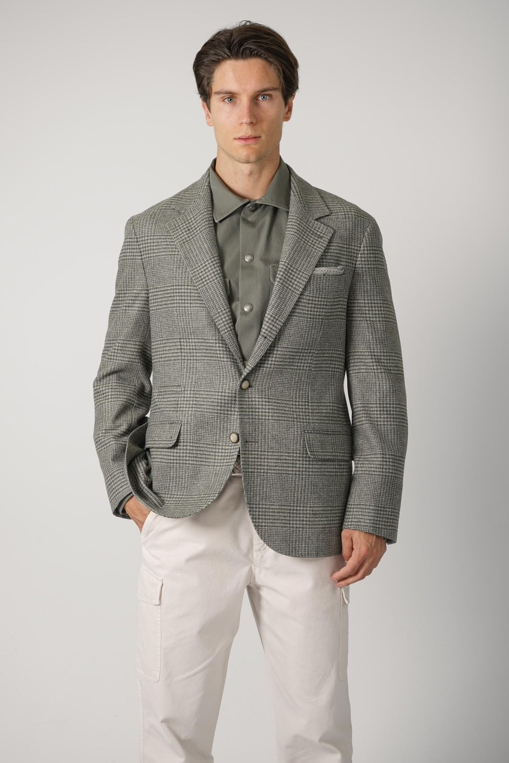 Brunello Cucinelli Prince of Wales Flannel Blazer Military