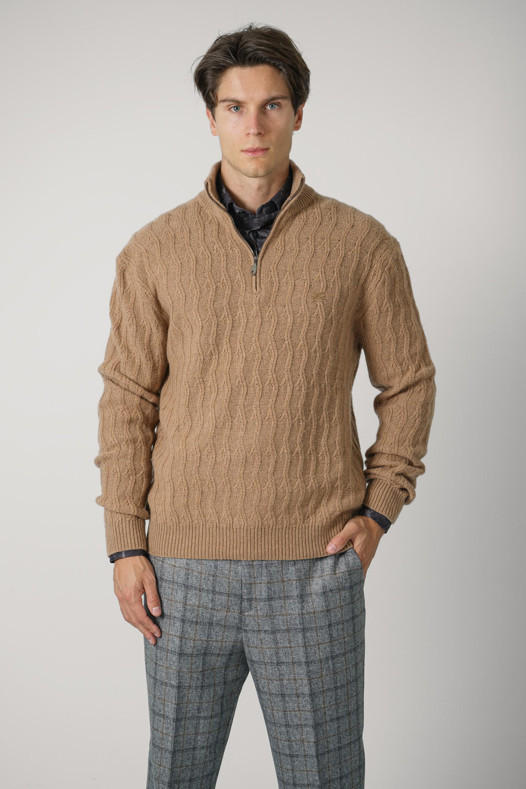 Etro Roma Knitted Quarter Zip Jumper – Camel