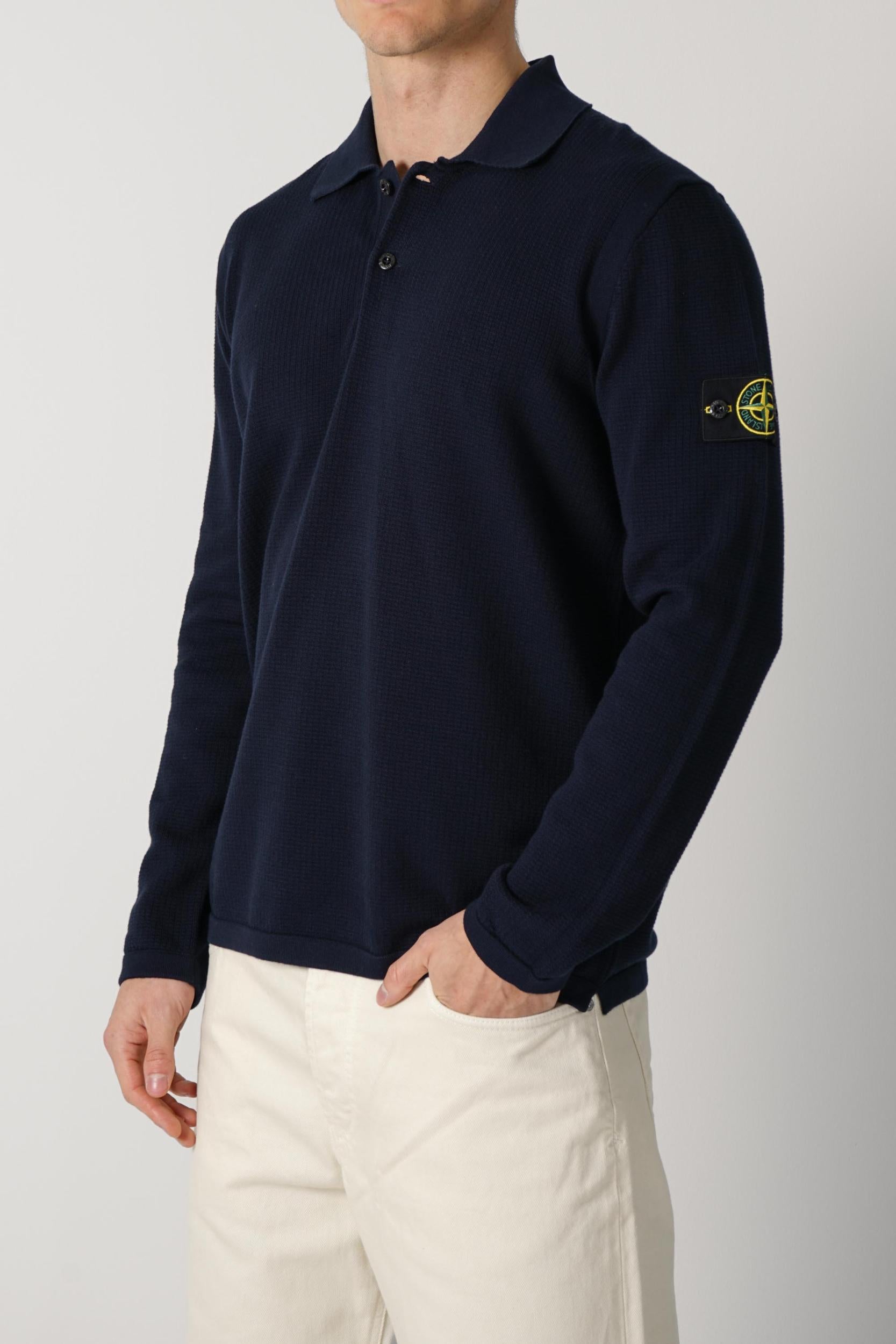 5100024 Stone Island Waffle Structured Longsleeve Polo Navy