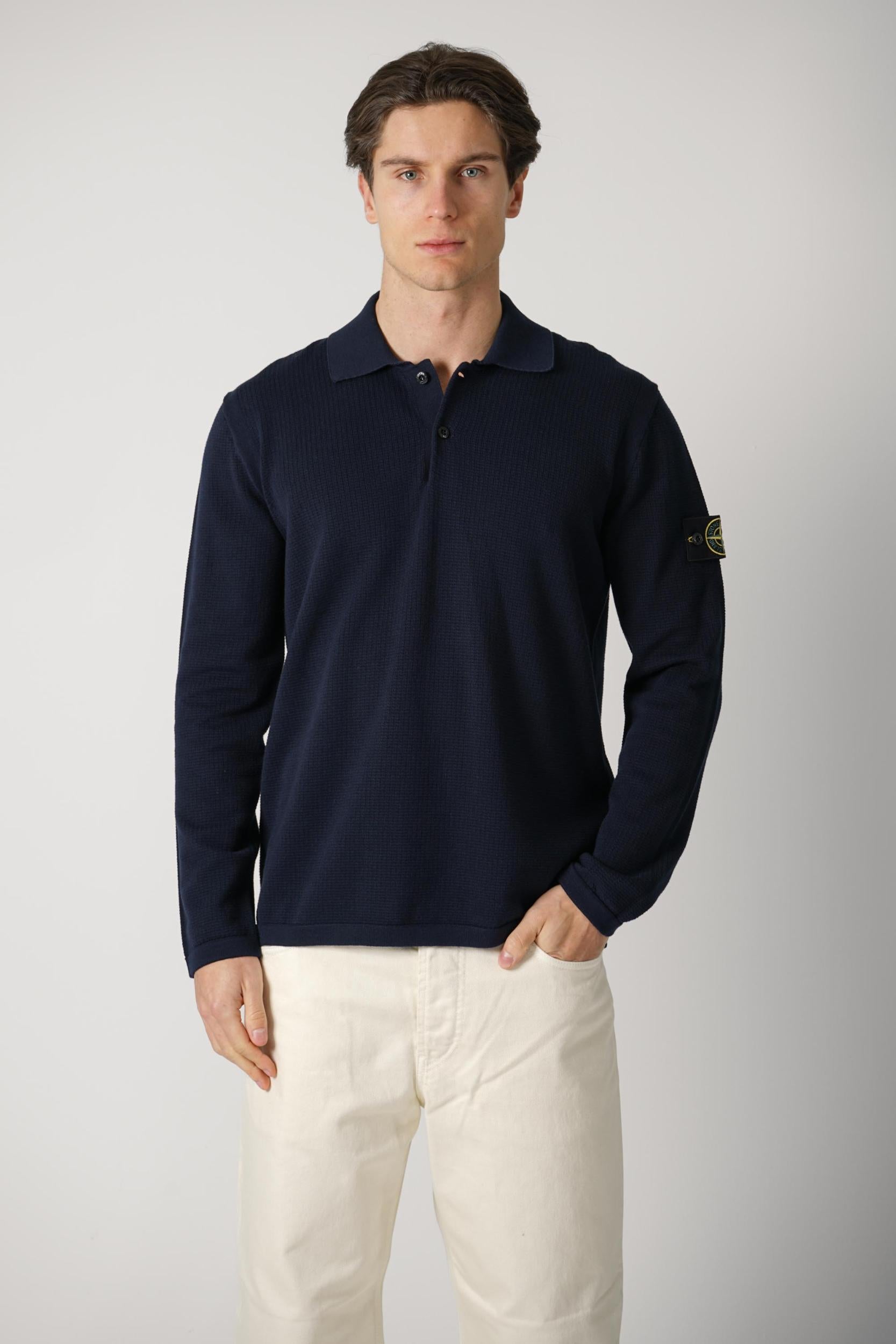 5100024 Stone Island Waffle Structured Longsleeve Polo Navy
