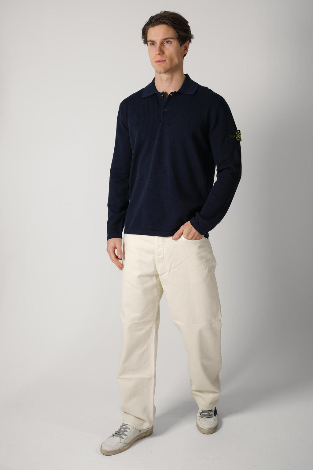 5100024 Stone Island Waffle Structured Longsleeve Polo Navy