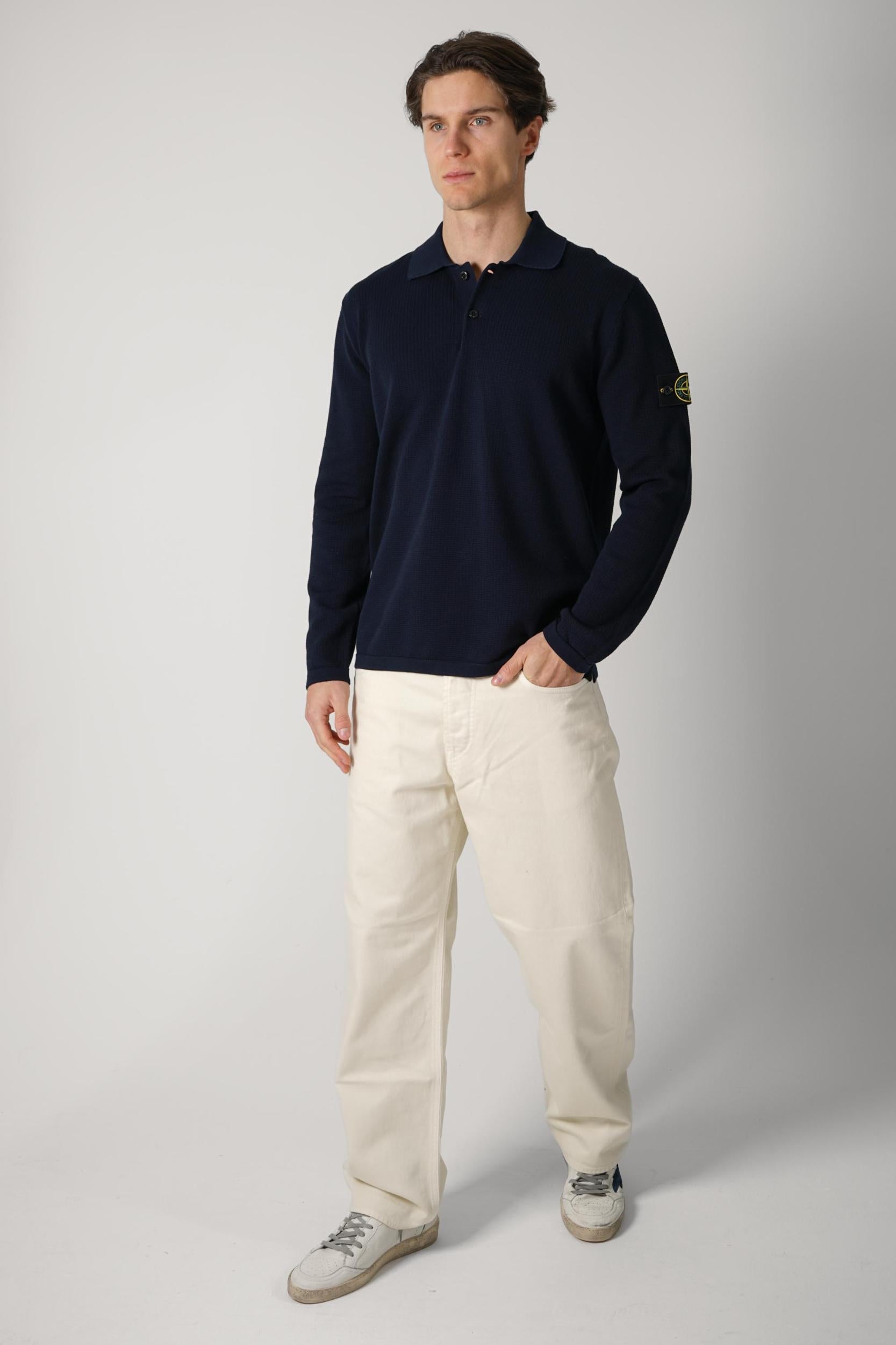 5100024 Stone Island Waffle Structured Longsleeve Polo Navy