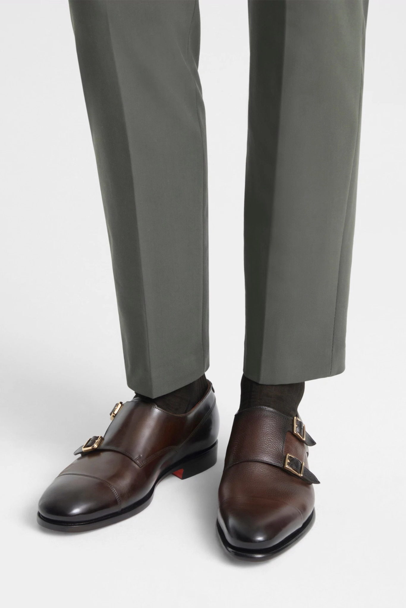 Santoni Leather Double Monk Straps Shoe IRA – Dark Brown