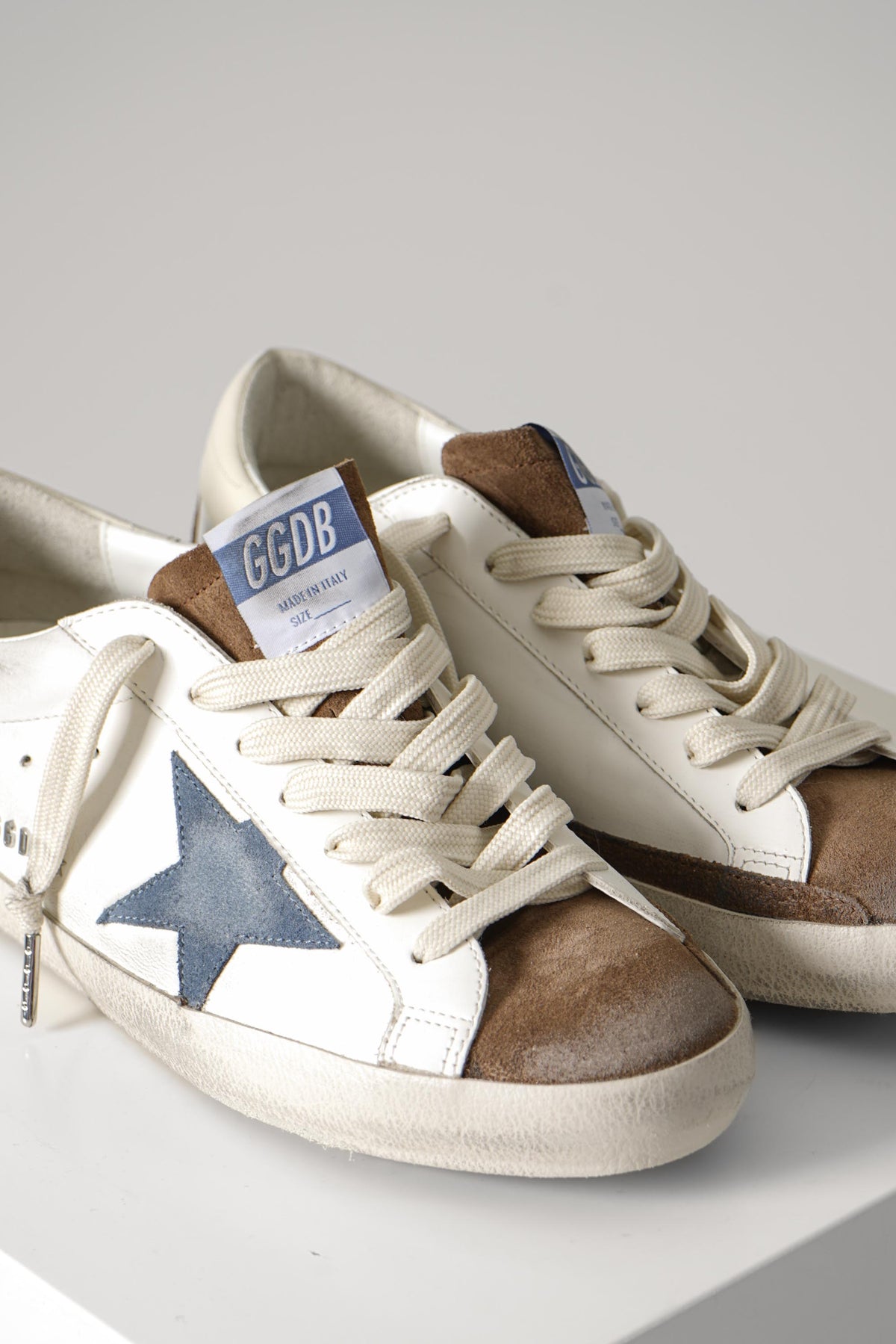 Golden Goose Super Star Leather Upper – White/Brown/Blue