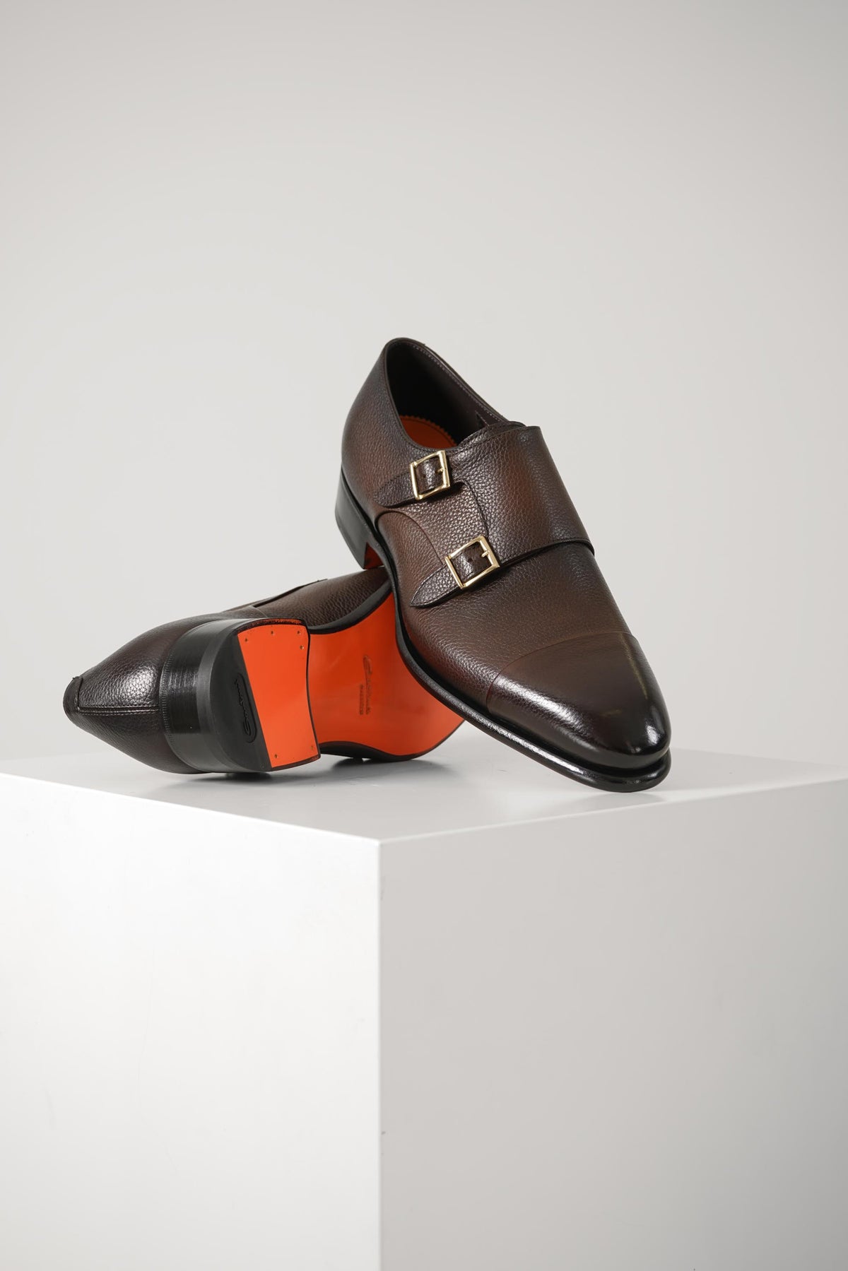 Santoni Leather Double Monk Straps Shoe IRA – Dark Brown