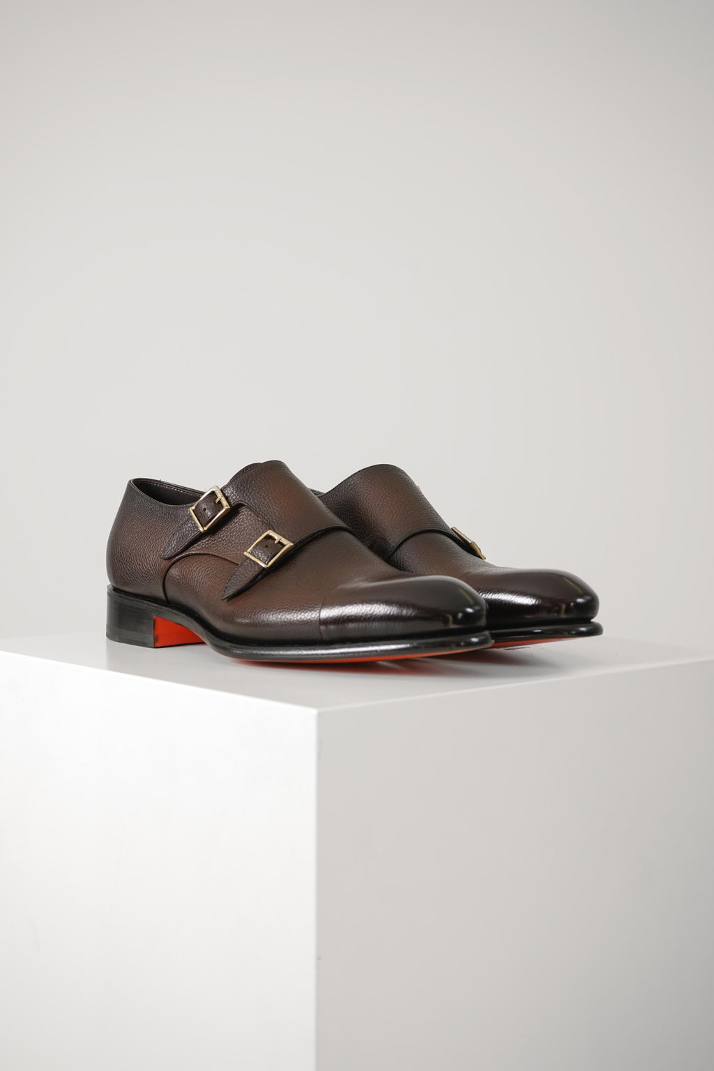 Santoni Leather Double Monk Straps Shoe IRA – Dark Brown