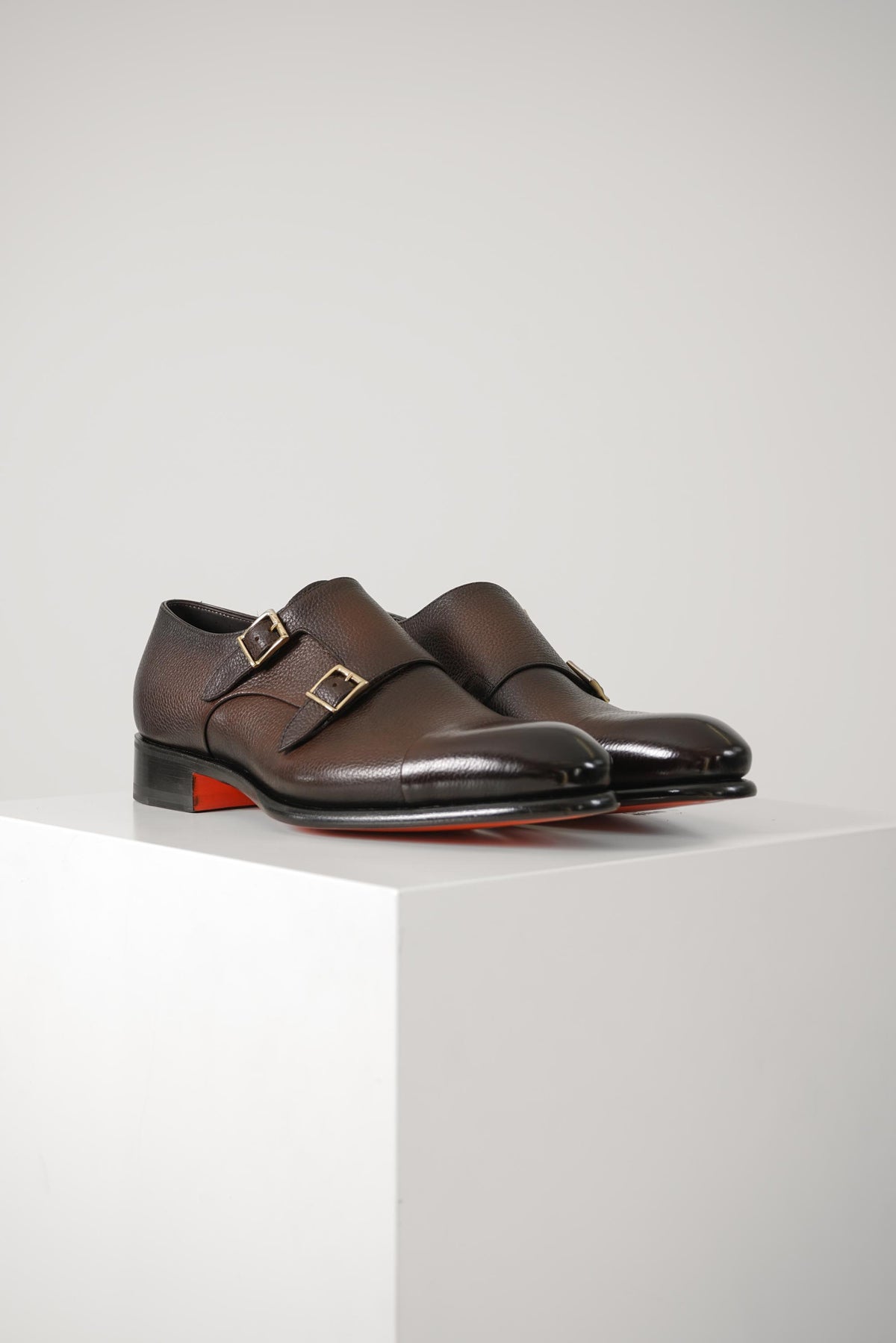 Santoni Leather Double Monk Straps Shoe IRA – Dark Brown