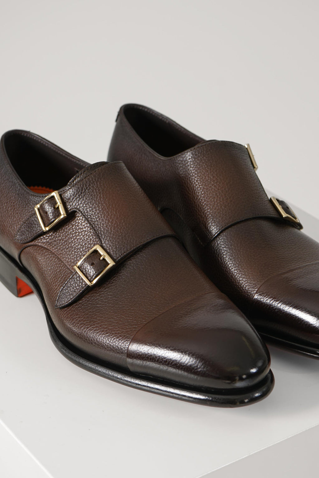 Santoni Leather Double Monk Straps Shoe IRA – Dark Brown