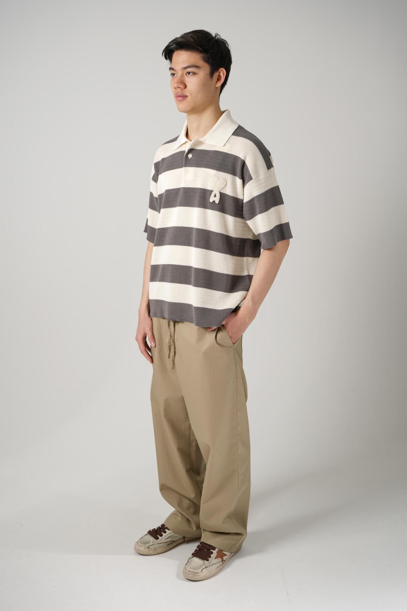 Ami Paris Knit  Striped Polo Beige