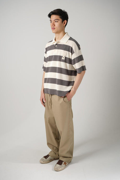 Ami Paris Knit  Striped Polo Beige