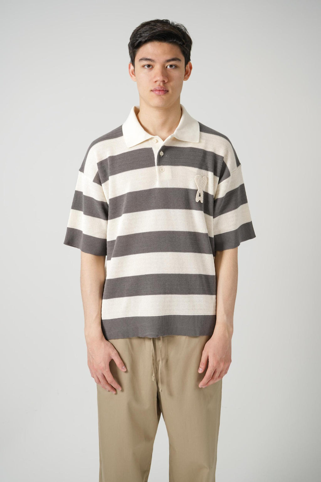 Ami Paris Knit  Striped Polo Beige