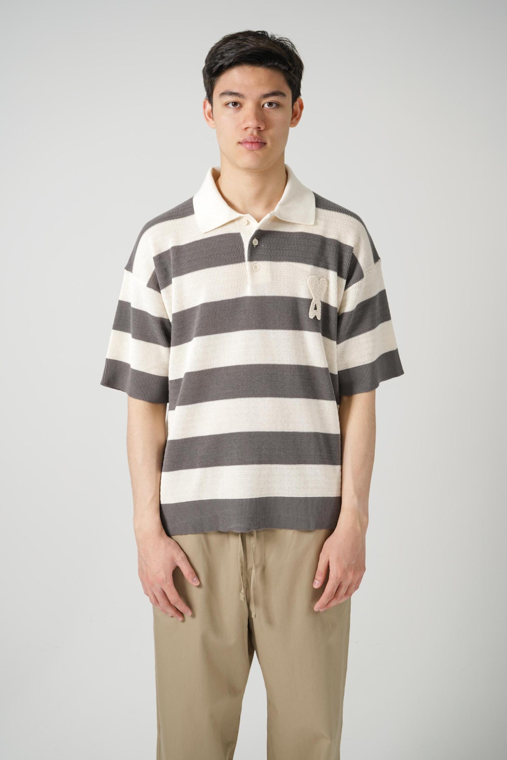 Ami Paris Knit  Striped Polo Beige